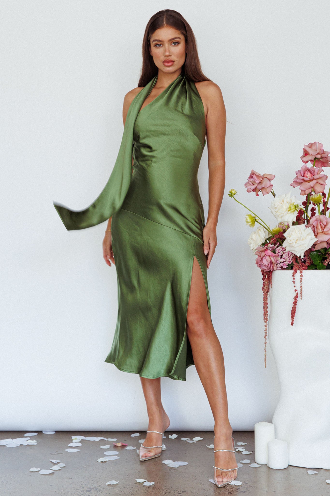 Italian Summer Tie Neck Midi Dress Olive by Selfie Leslie