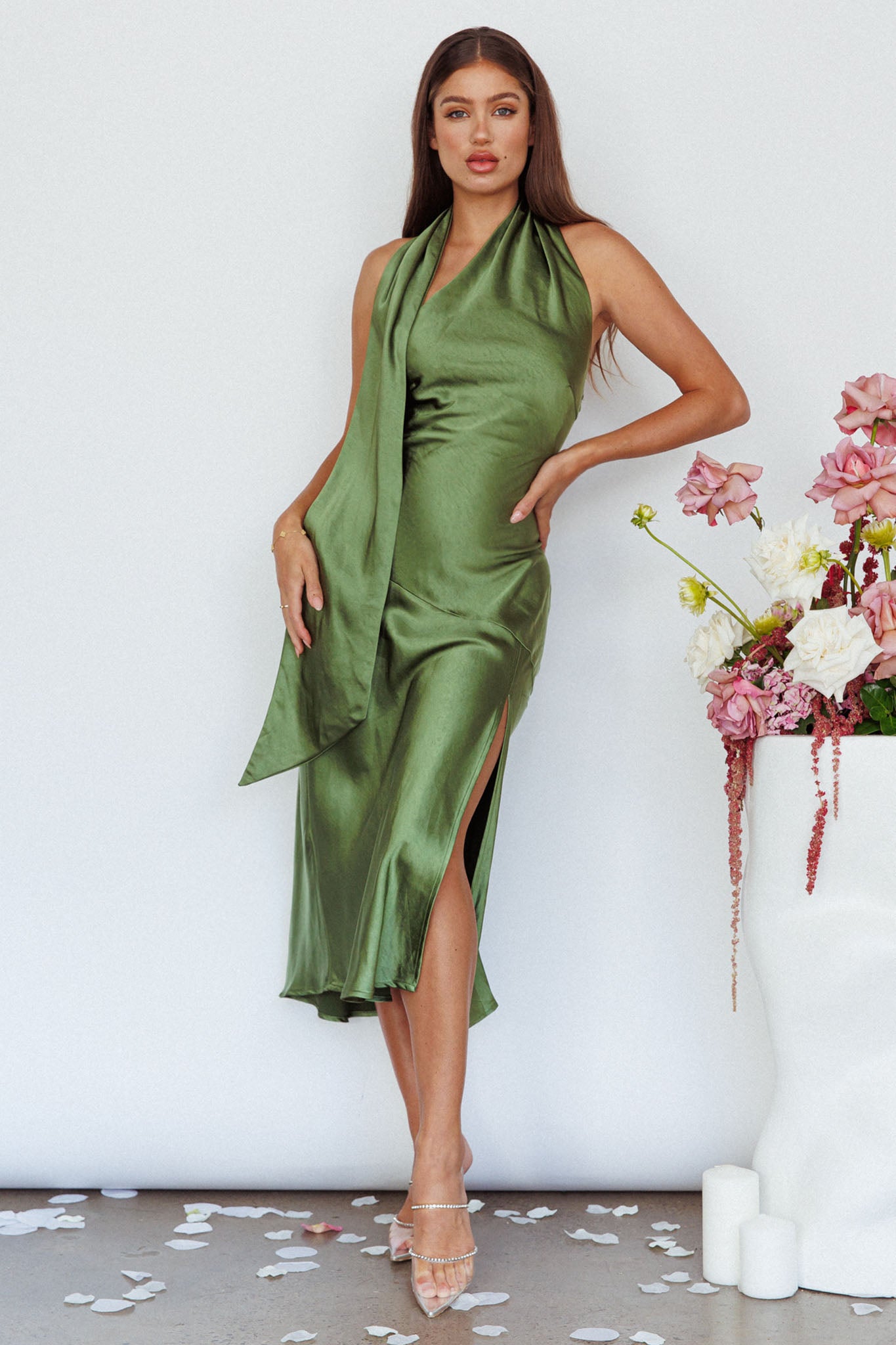 Italian Summer Tie Neck Midi Dress Olive - L Italian Summer Tie Neck Midi Dress Olive - L