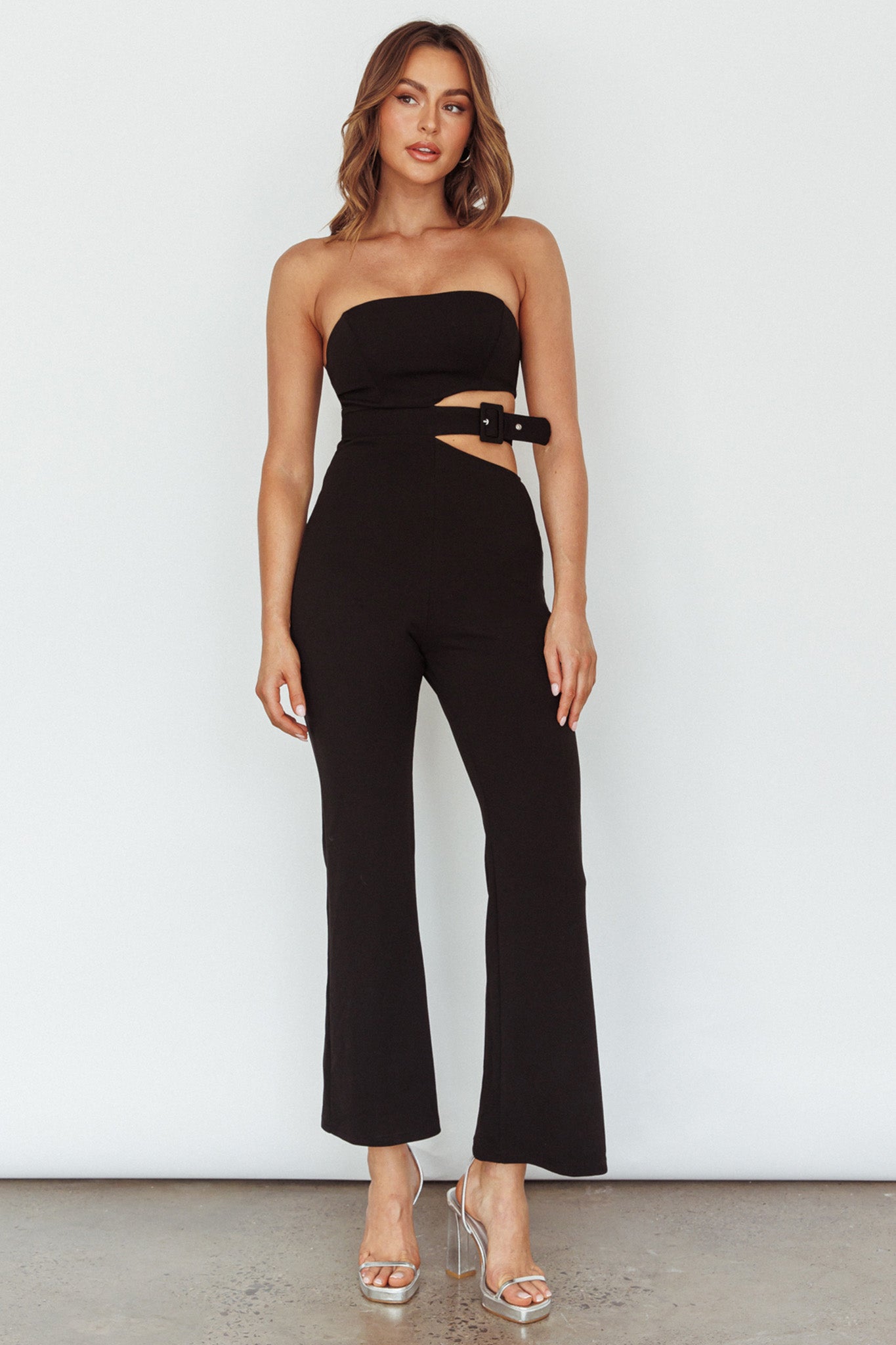 Glisten Cut-Out Buckle Waist Jumpsuit Black by Selfie Leslie