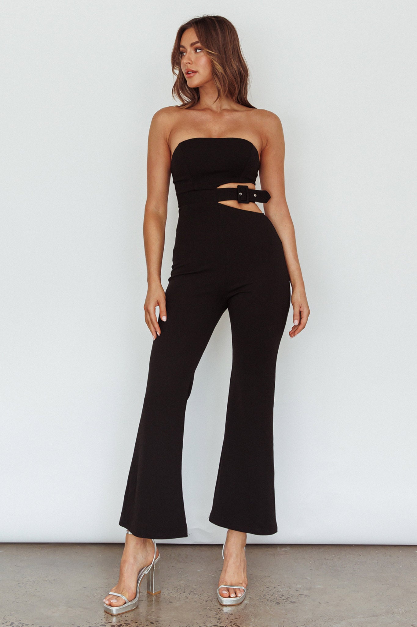 Glisten Cut-Out Buckle Waist Jumpsuit Black by Selfie Leslie