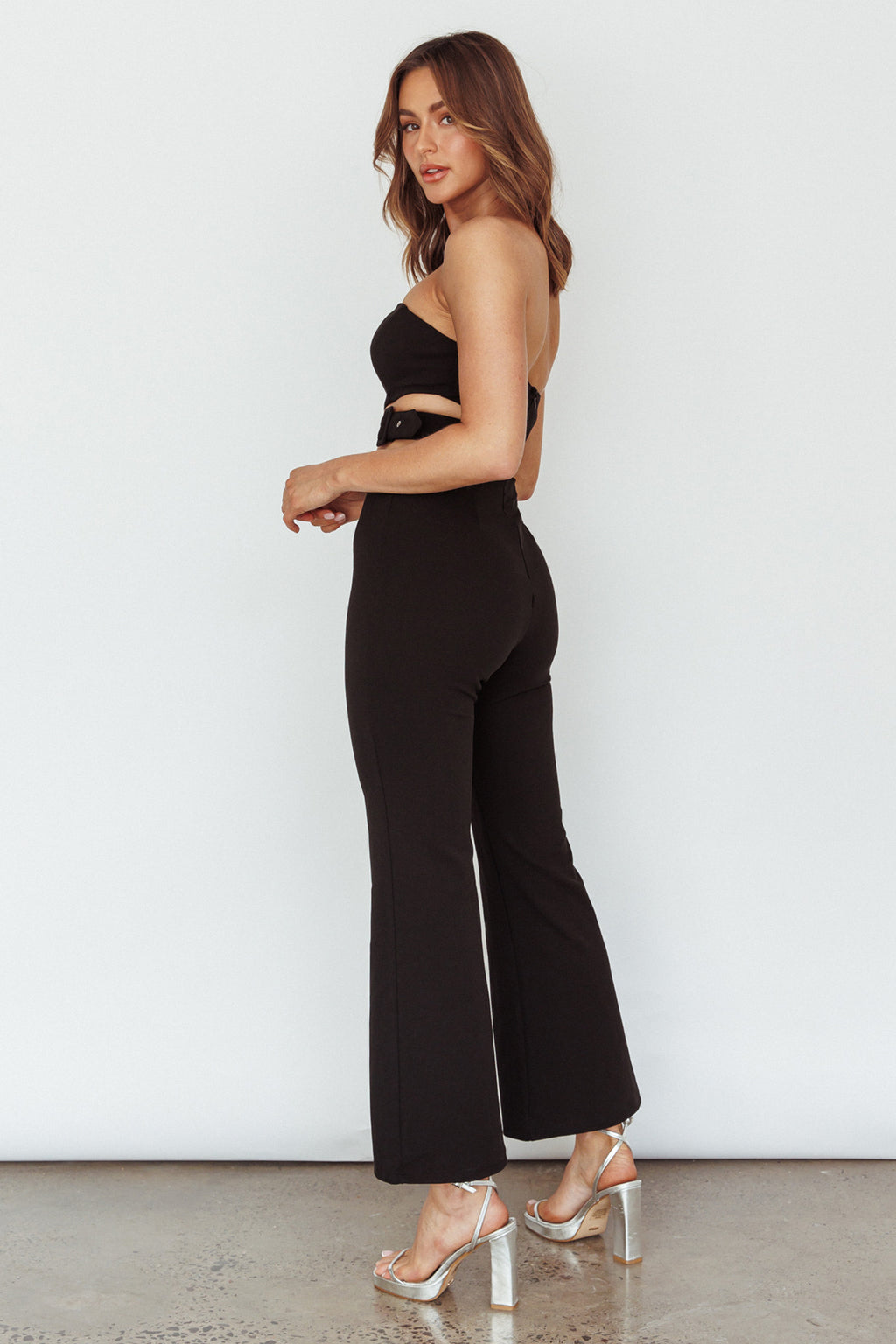 Glisten Cut-Out Buckle Waist Jumpsuit Black by Selfie Leslie