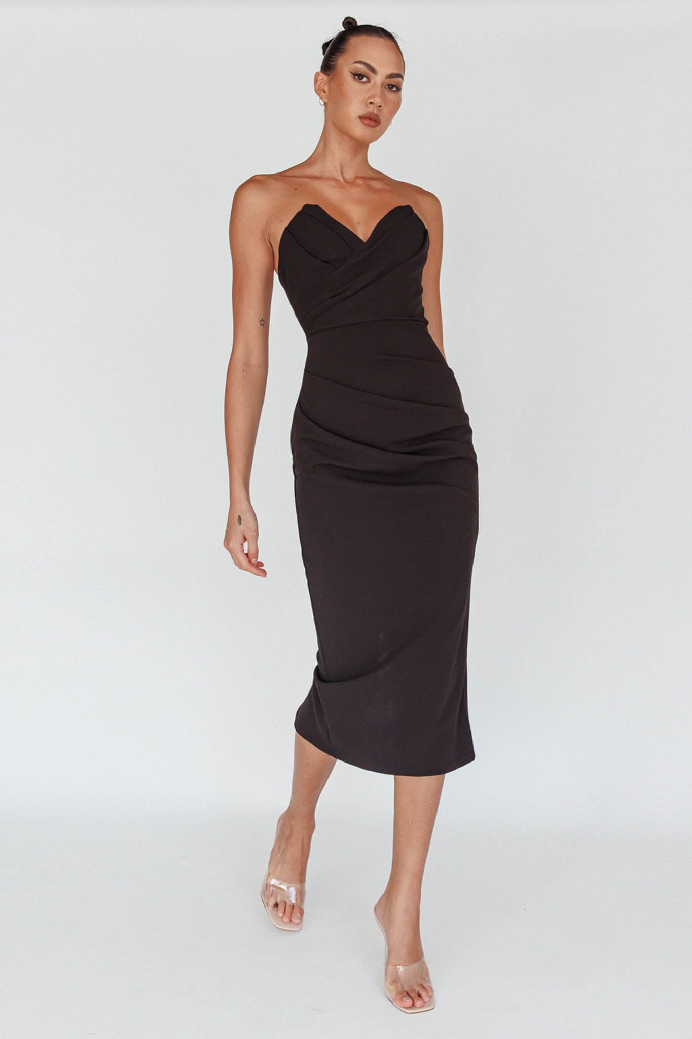 Yours Alone Gathered Detail Midi Dress Black by Selfie Leslie