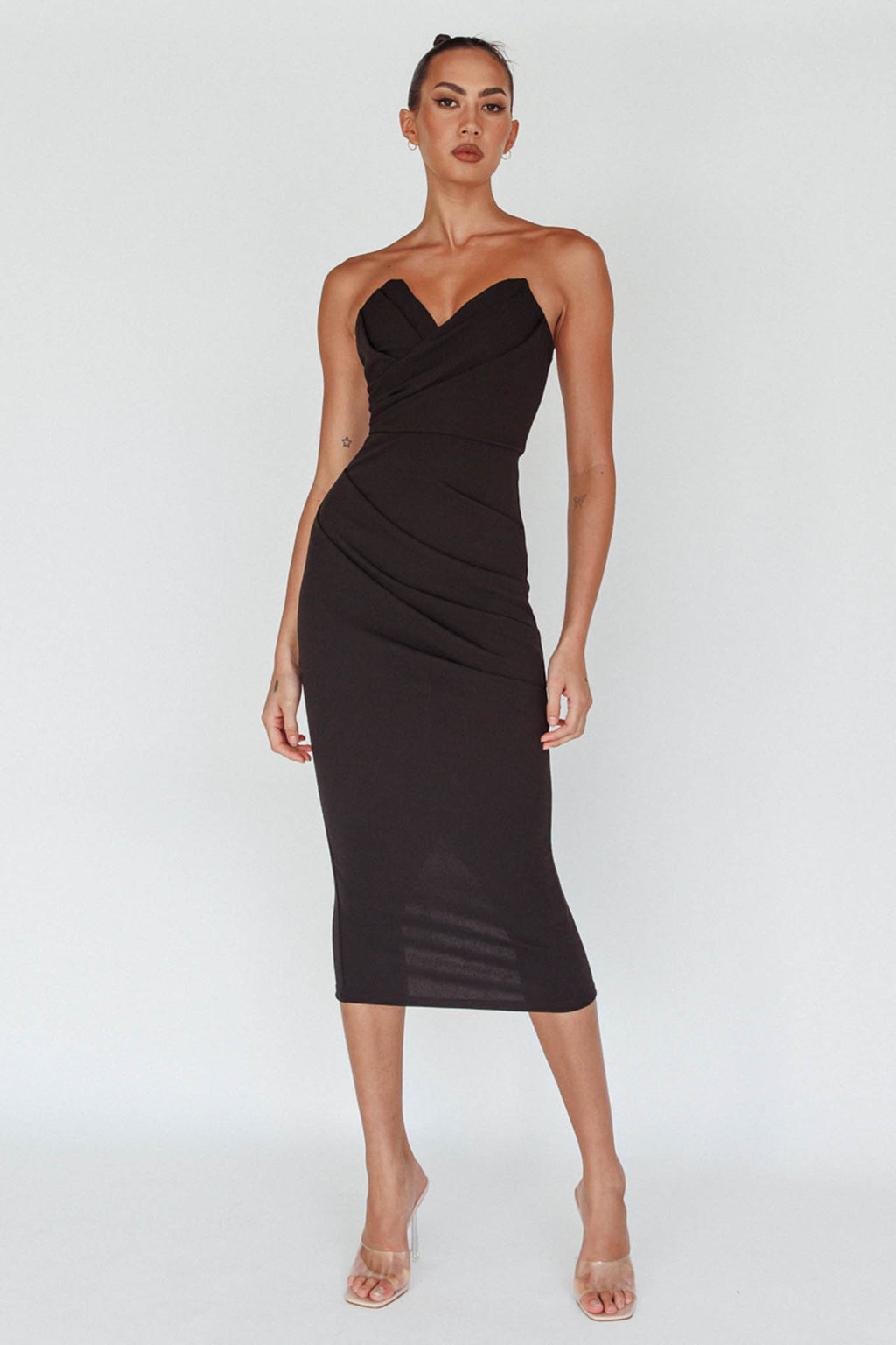 Yours Alone Gathered Detail Midi Dress Black by Selfie Leslie