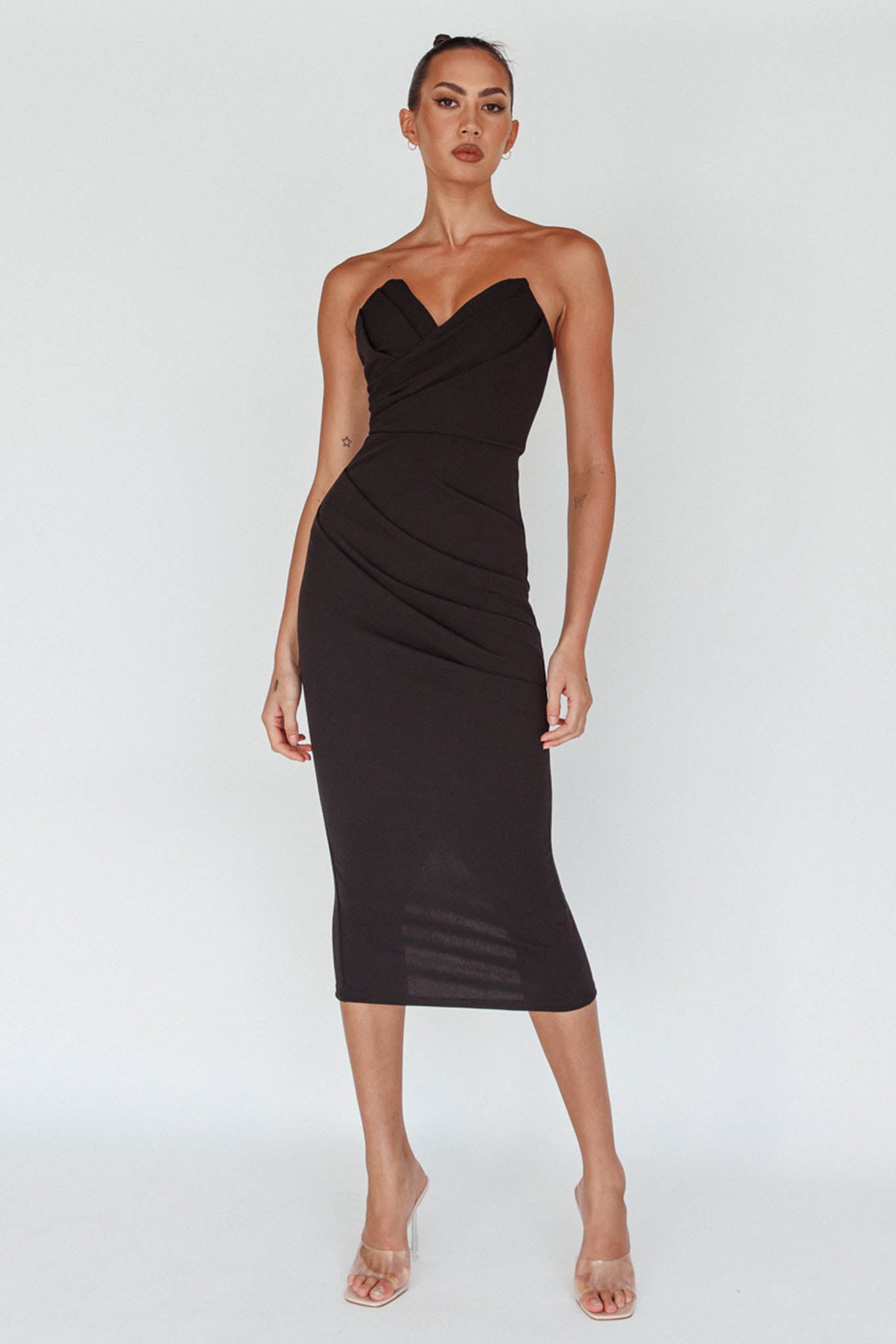 Yours Alone Gathered Detail Midi Dress Black by Selfie Leslie