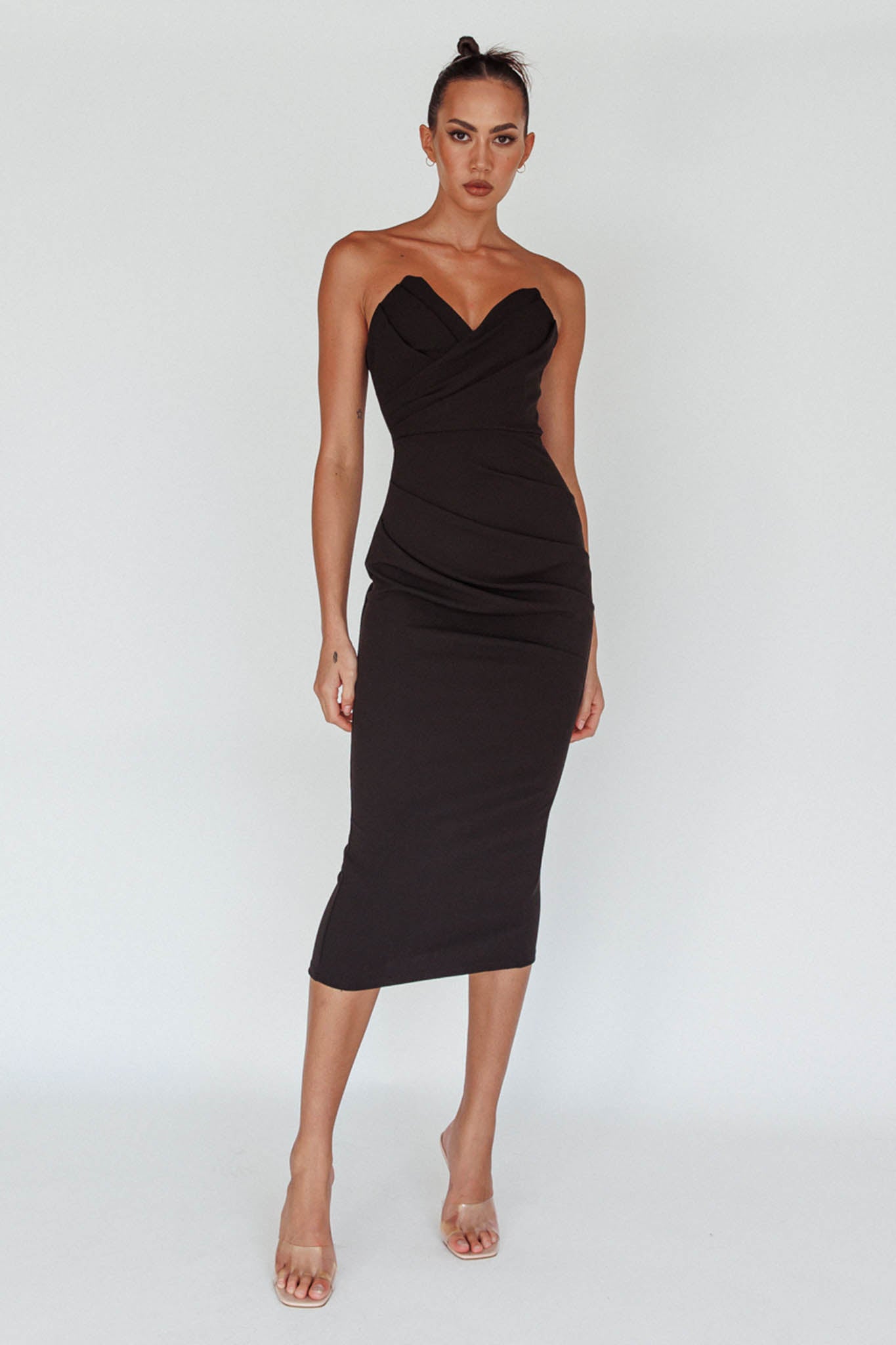 Yours Alone Gathered Detail Midi Dress Black by Selfie Leslie