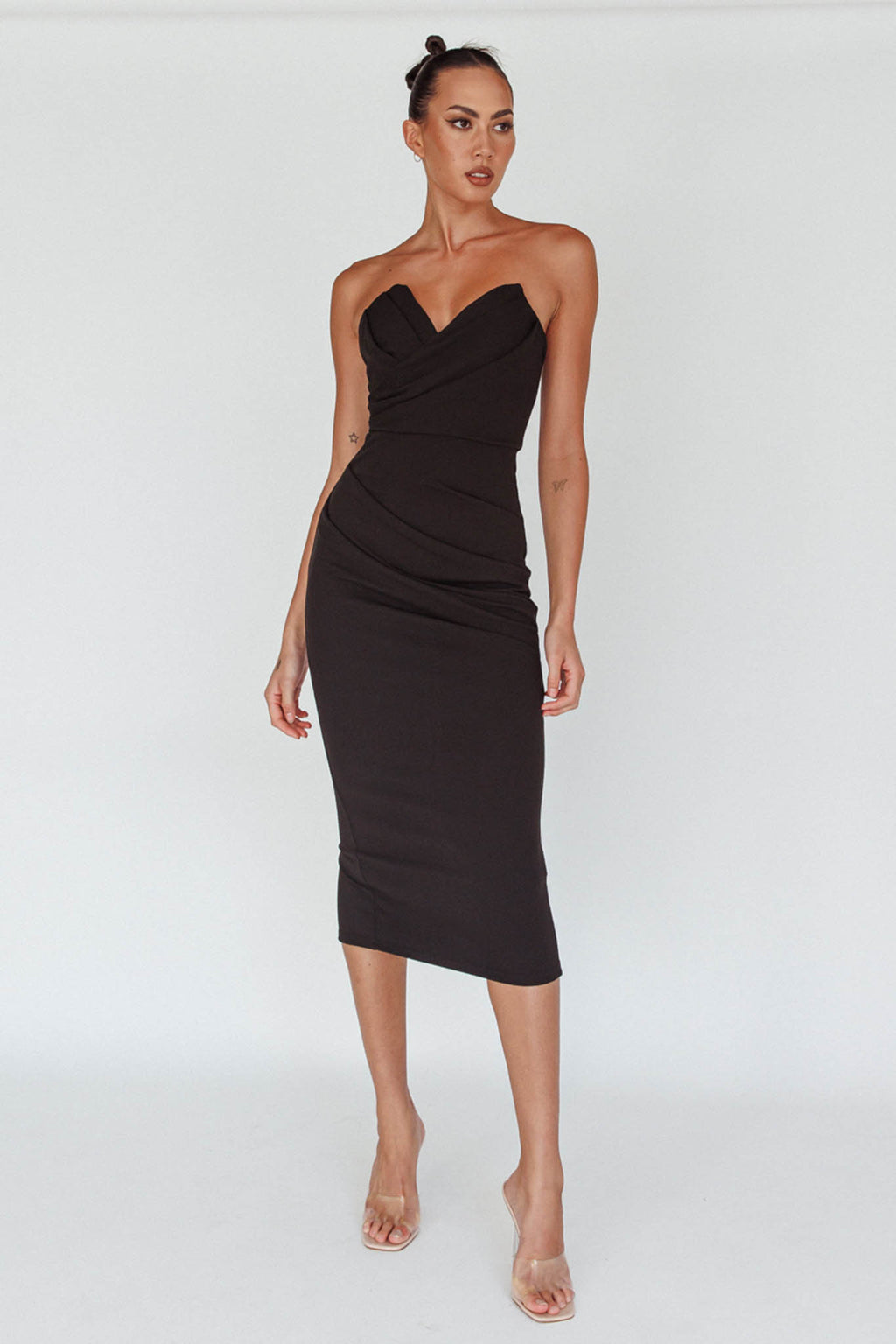 Yours Alone Gathered Detail Midi Dress Black by Selfie Leslie