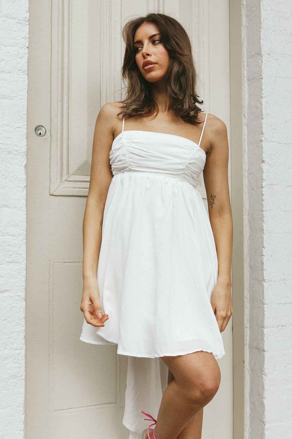 Zhen Bow Tie Back Mini Dress White by Selfie Leslie