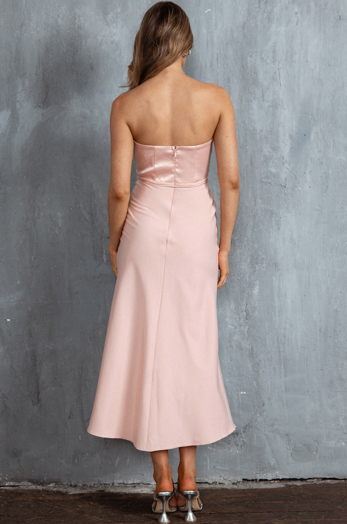 Brittini Satin Bust Strapless Midi Dress Blush by Selfie Leslie