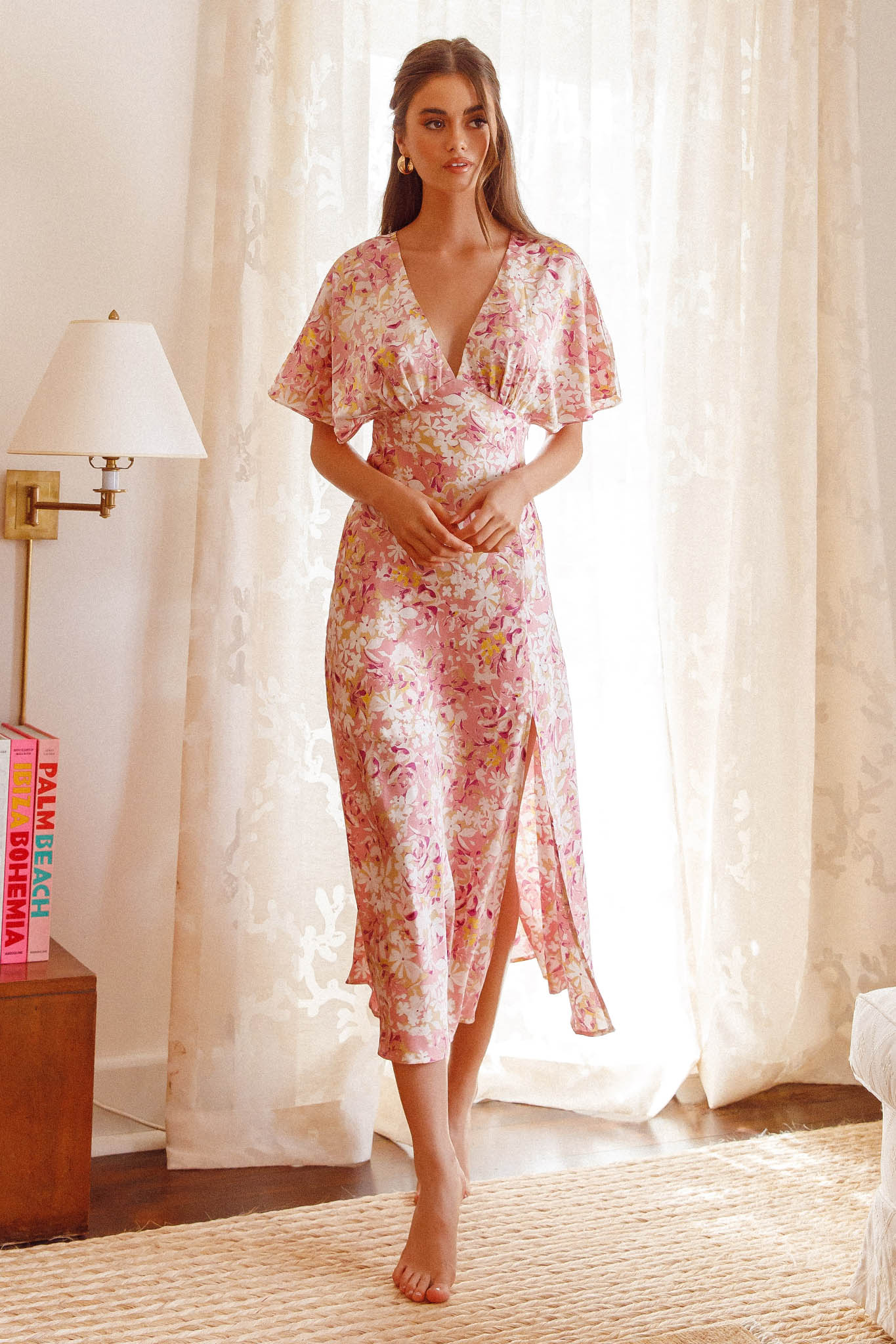 Graceful Batwing Sleeve Midi Dress Floral Pink by Selfie Leslie