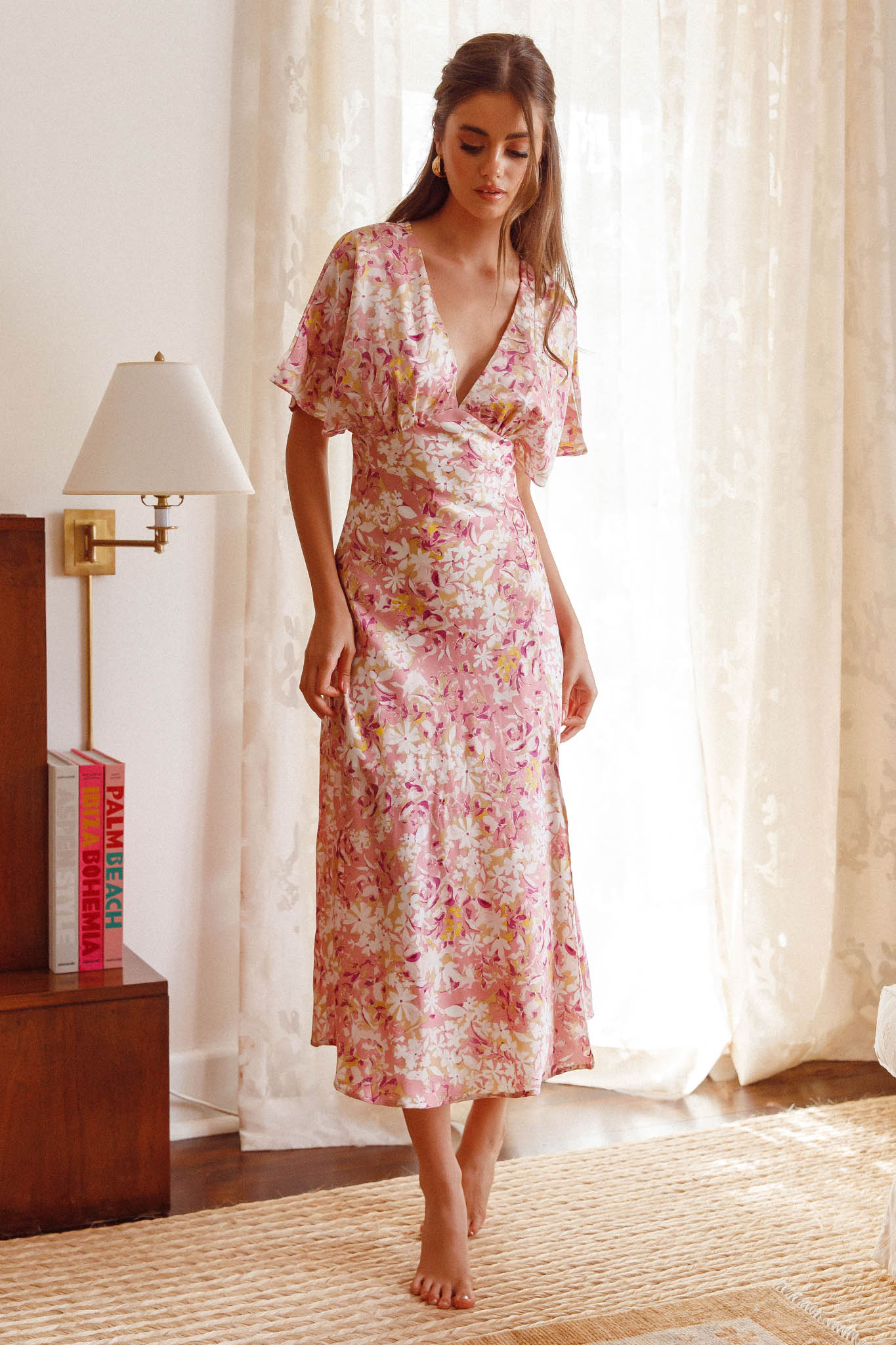 Shop the Graceful Batwing Sleeve Midi Dress Floral Pink