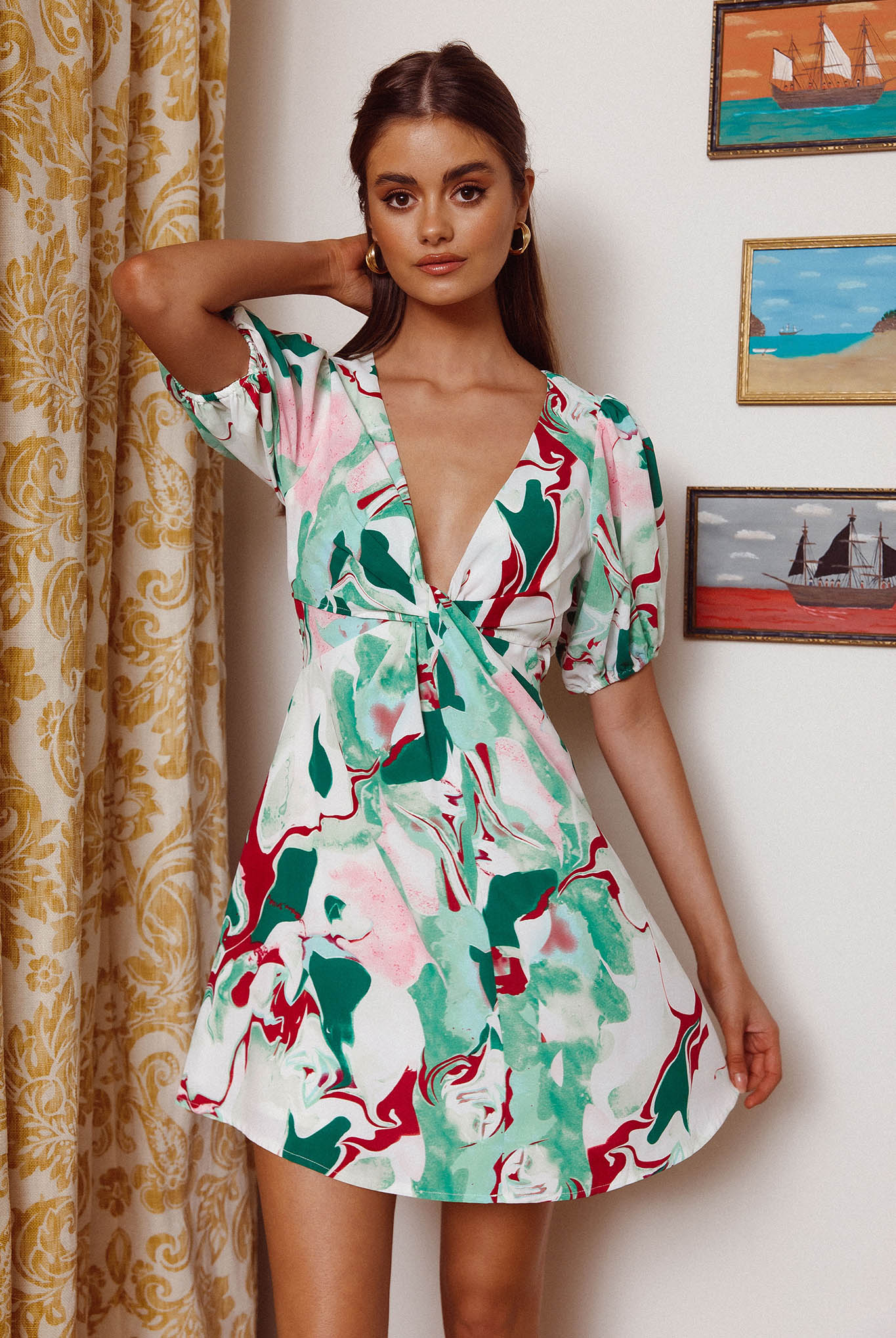 Anakin Twist Bust Mini Dress Swirl Green by Selfie Leslie