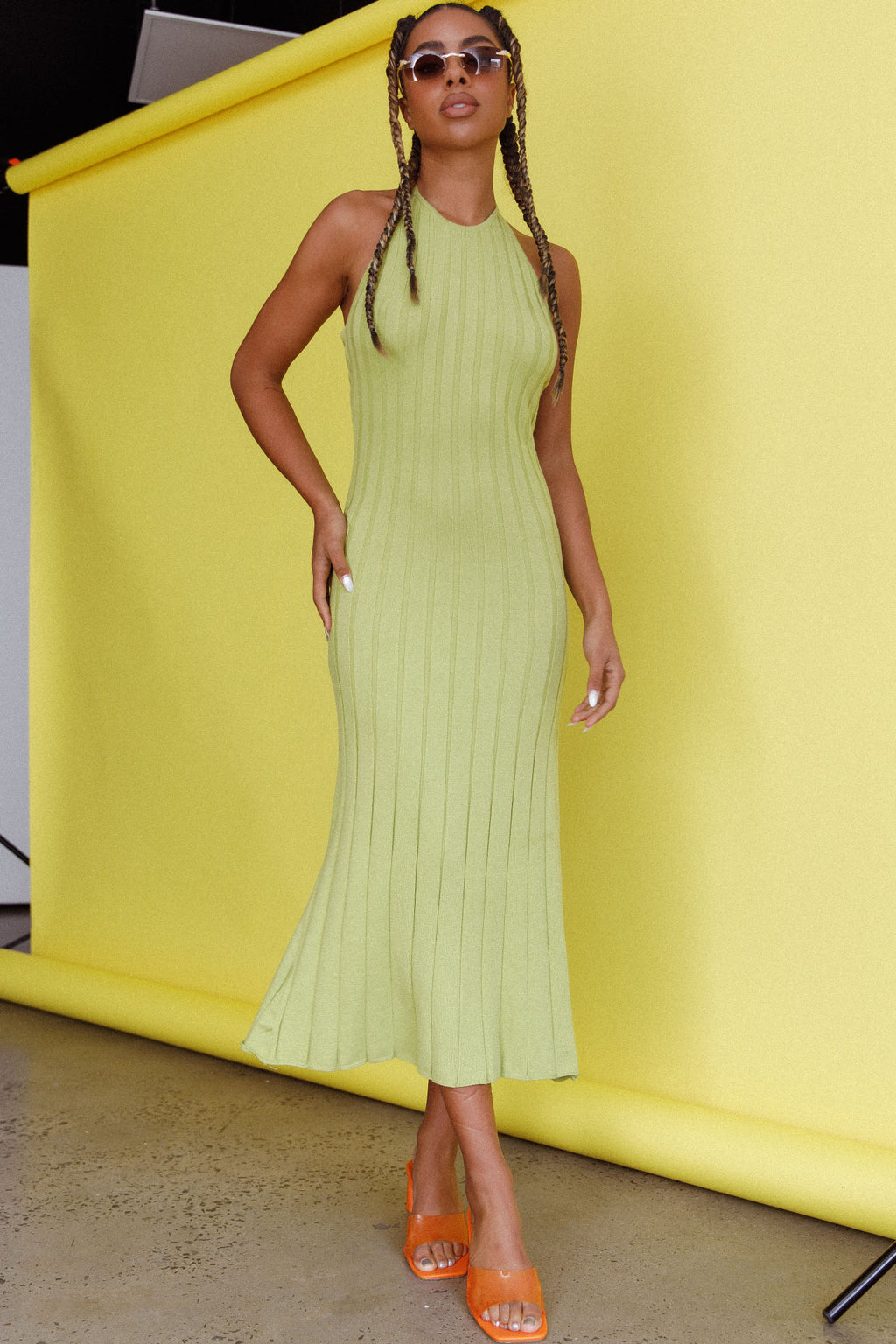 Mikah Knit Halterneck Midi Dress Lime by Selfie Leslie