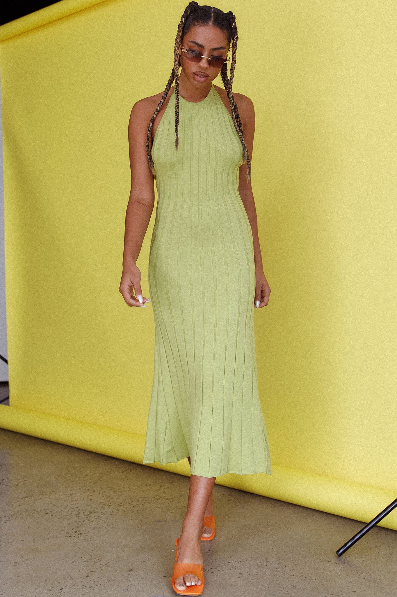 Mikah Knit Halterneck Midi Dress Lime by Selfie Leslie