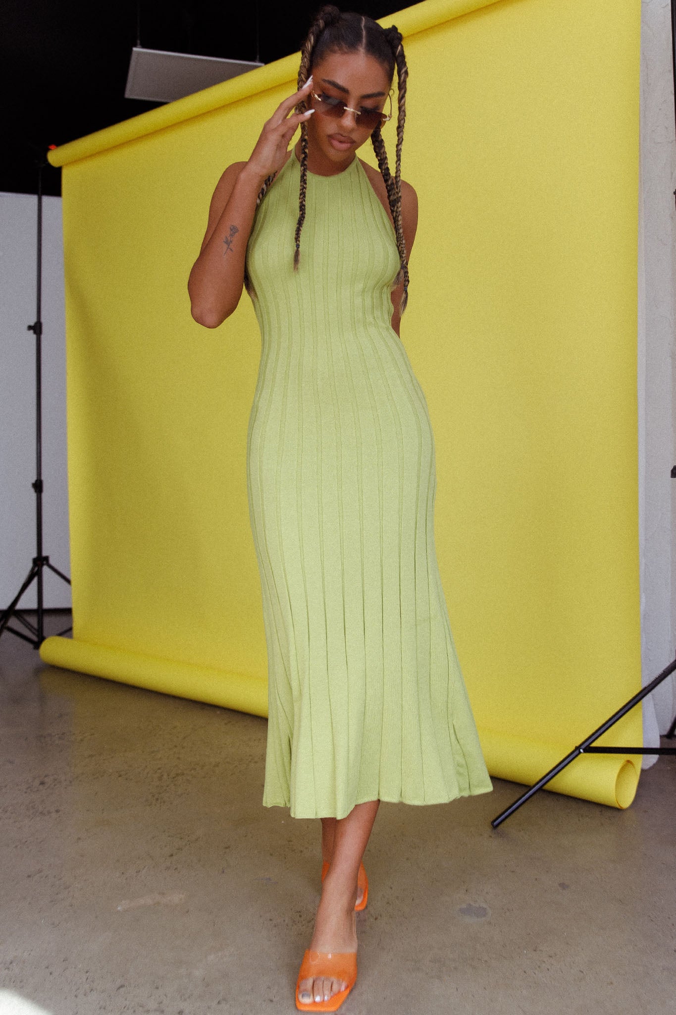 Mikah Knit Halterneck Midi Dress Lime by Selfie Leslie