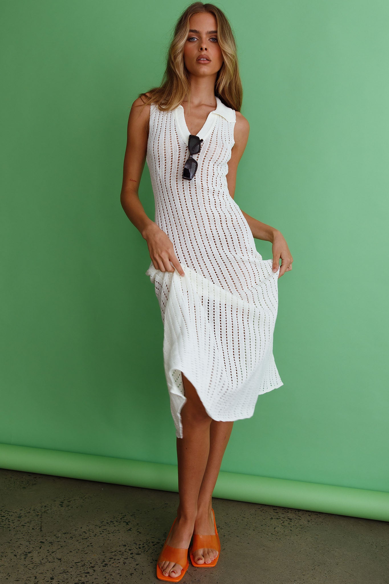 Palm Island Collared Crochet Midi Dress White Palm Island Collared Crochet Midi Dress White