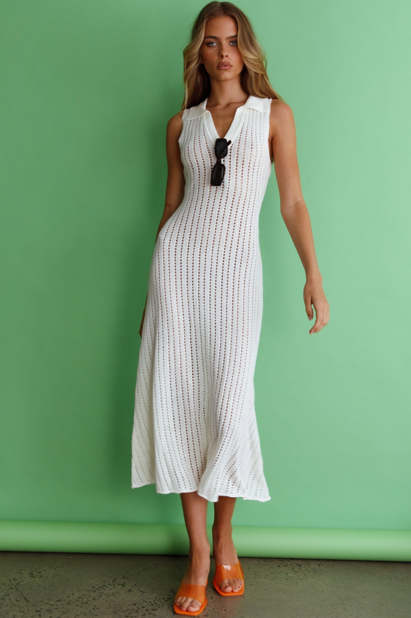 Palm Island Collared Crochet Midi Dress White Palm Island Collared Crochet Midi Dress White