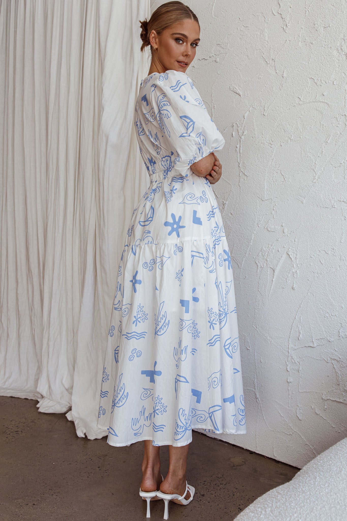 Summer Land V-Neckline Midi Dress Printed White by Selfie Leslie