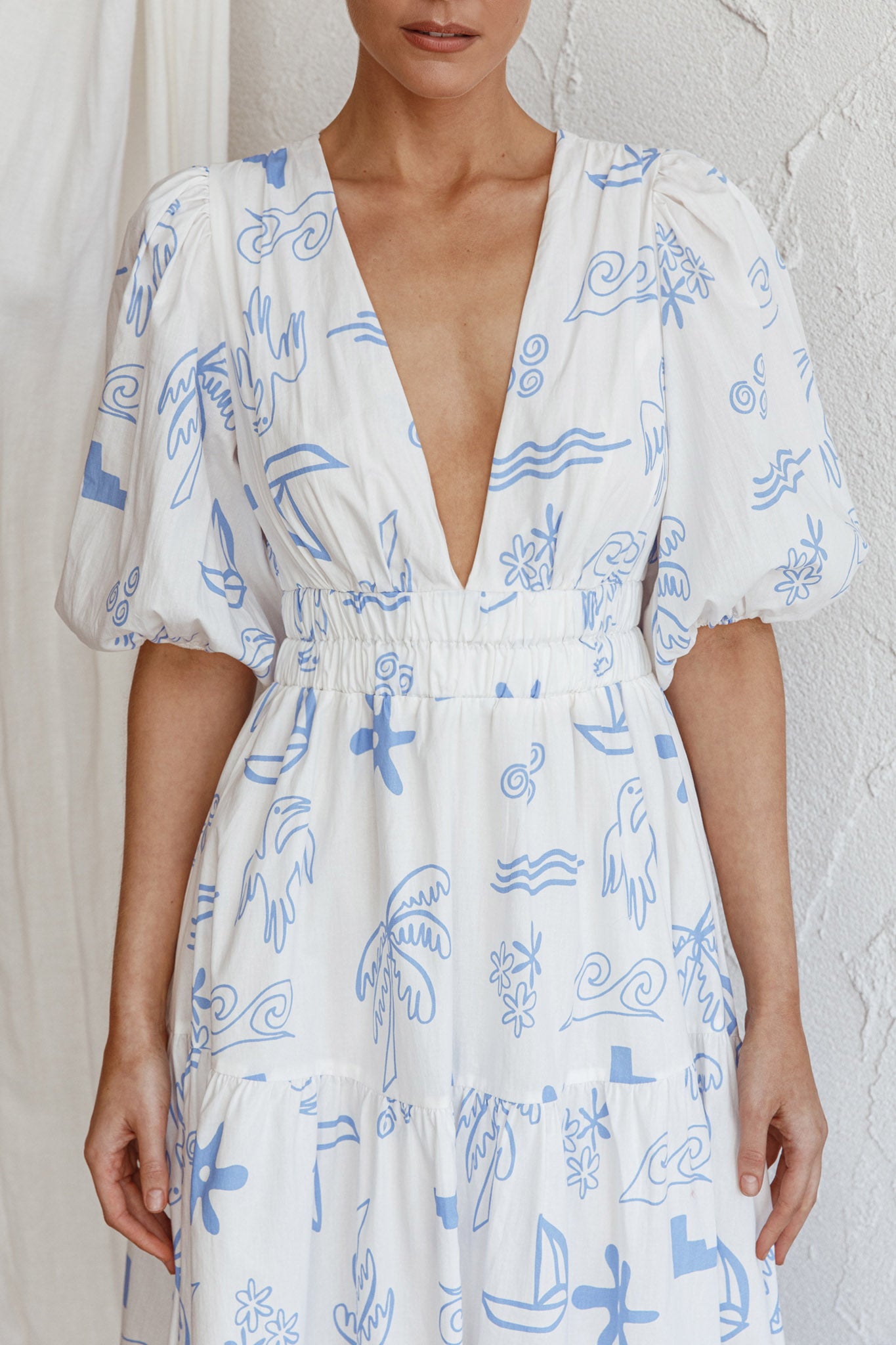 Summer Land V-Neckline Midi Dress Printed White by Selfie Leslie