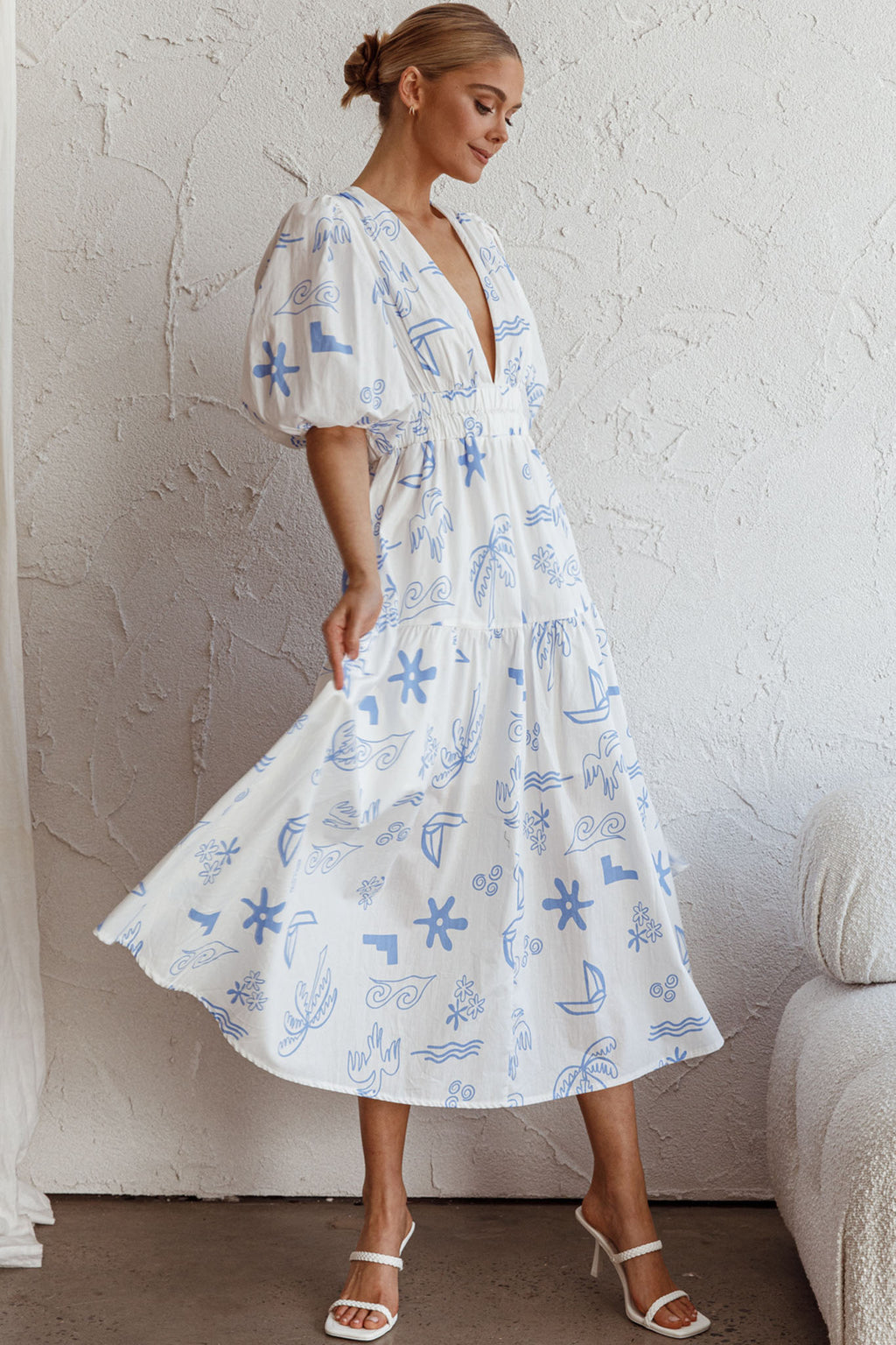 Summer Land V-Neckline Midi Dress Printed White by Selfie Leslie