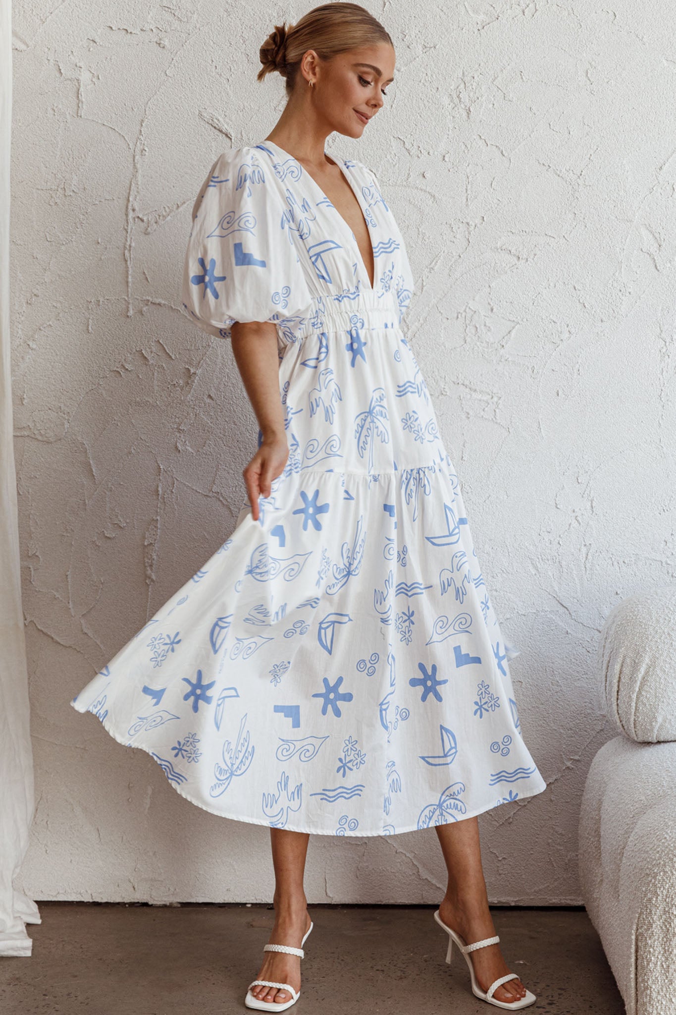 Summer Land V-Neckline Midi Dress Printed White by Selfie Leslie