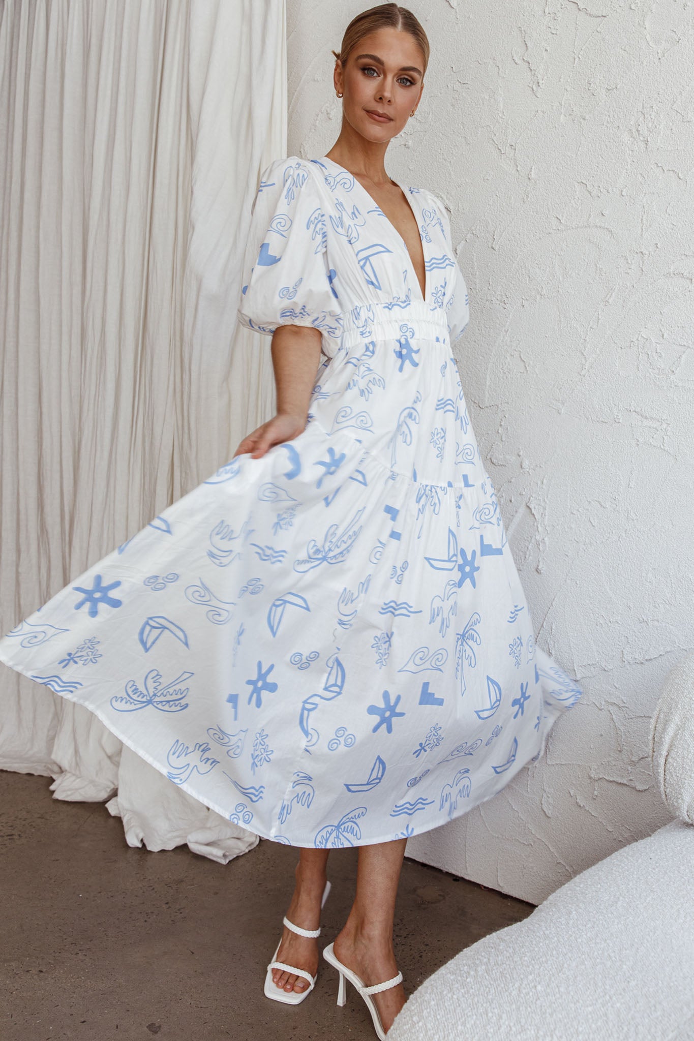 Summer Land V-Neckline Midi Dress Printed White by Selfie Leslie