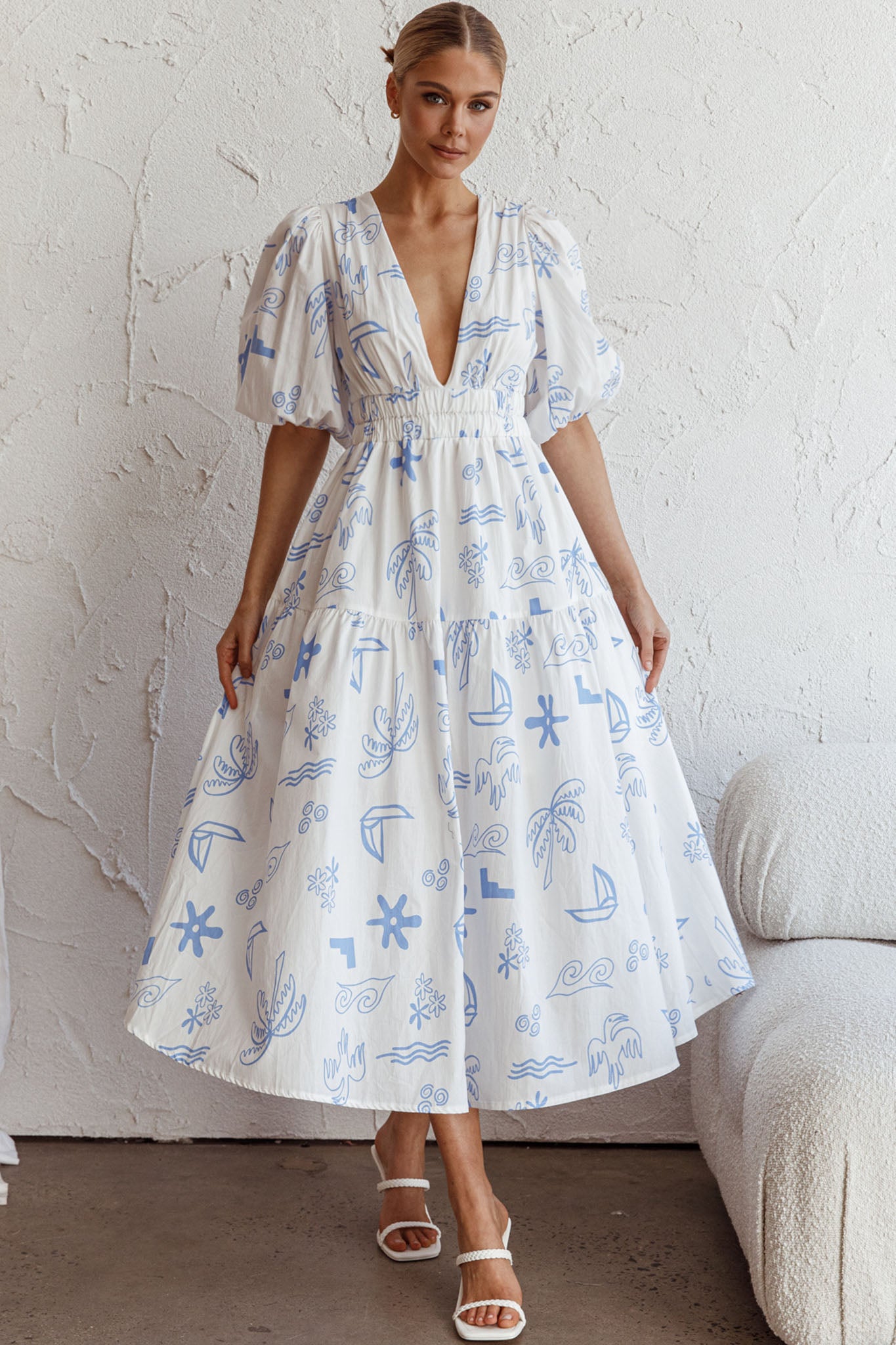 Summer Land V-Neckline Midi Dress Printed White Summer Land V-Neckline Midi Dress Printed White