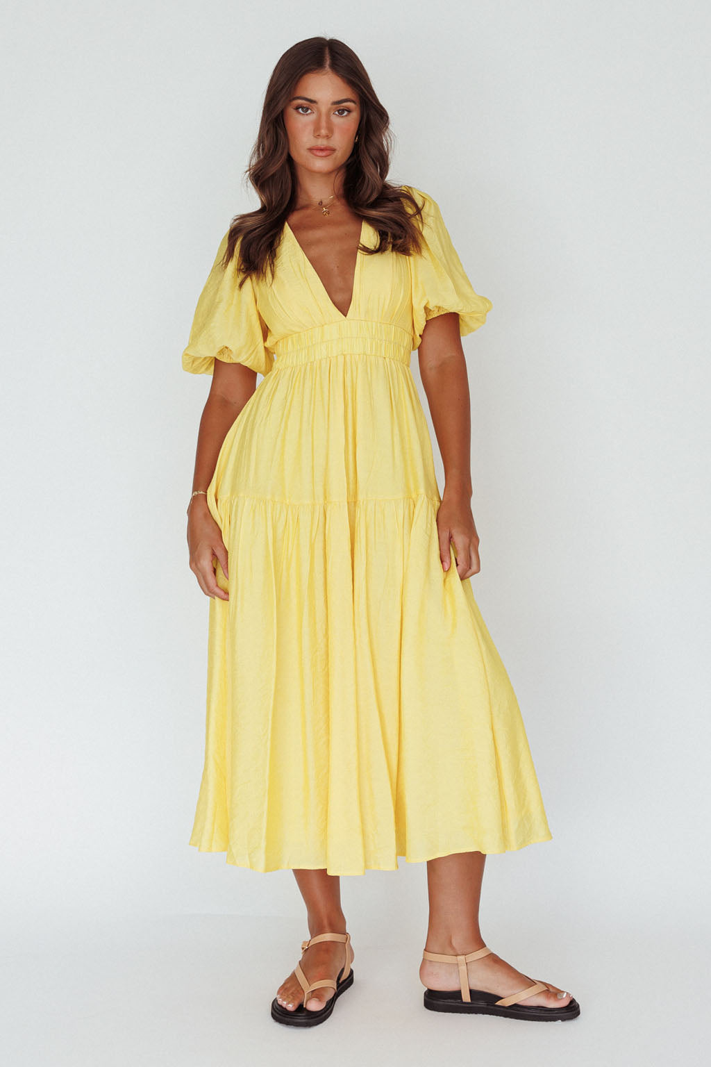 Summer Land V-Neckline Midi Dress Butter by Selfie Leslie