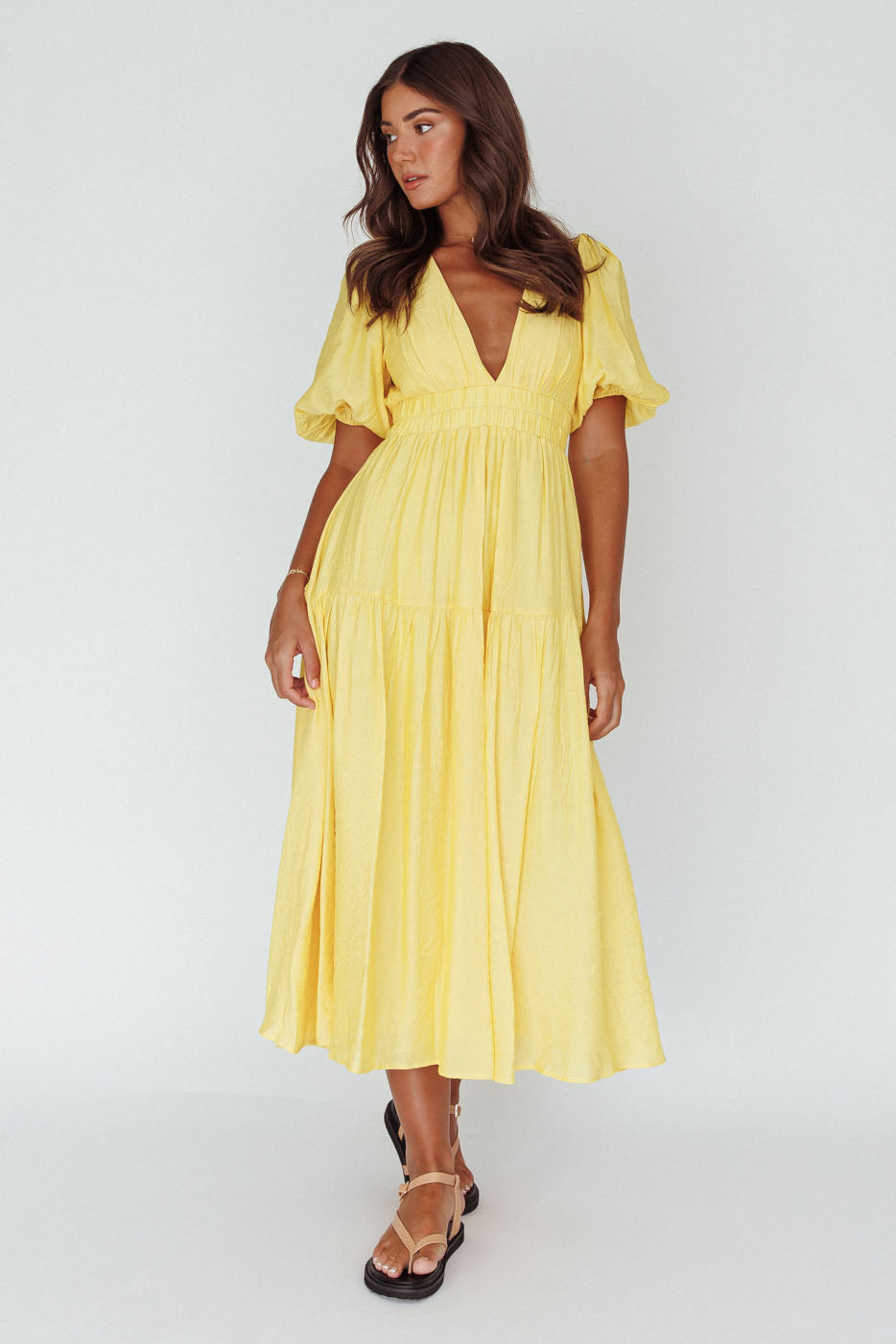 Summer Land V-Neckline Midi Dress Butter by Selfie Leslie