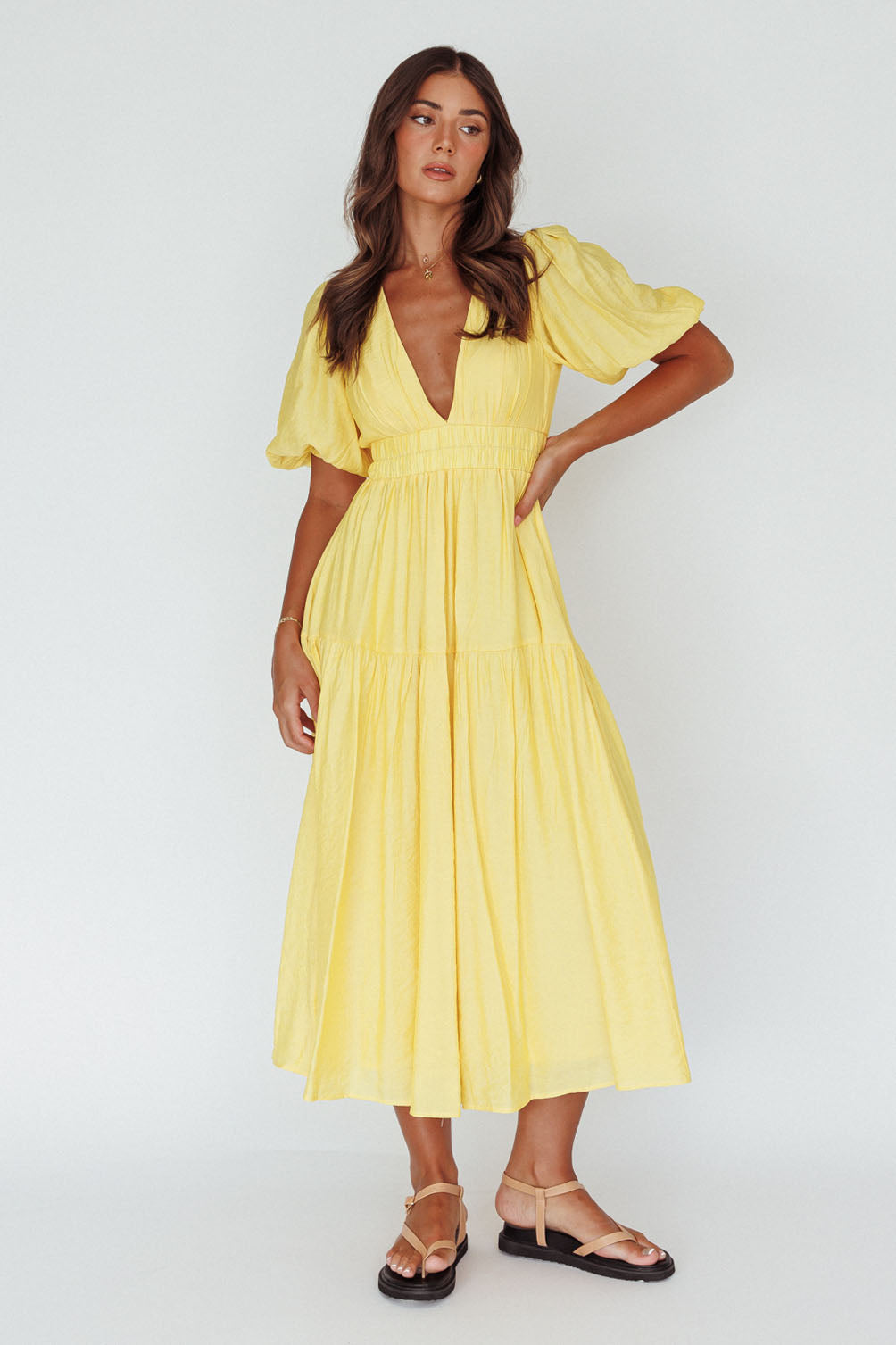 Summer Land V-Neckline Midi Dress Butter by Selfie Leslie