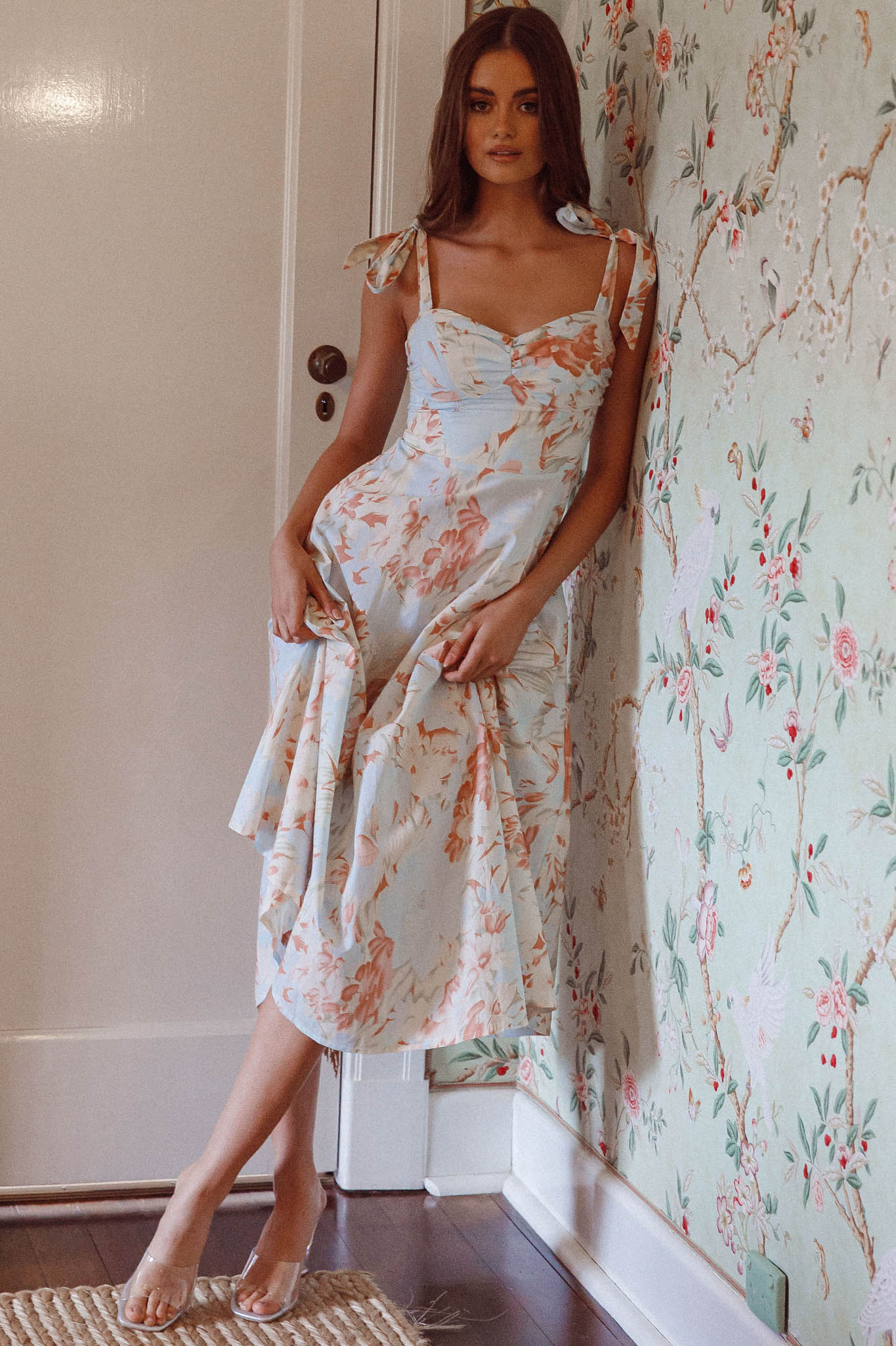 Sweet Pea Tied Shoulder Midi Dress Floral Blue by Selfie Leslie