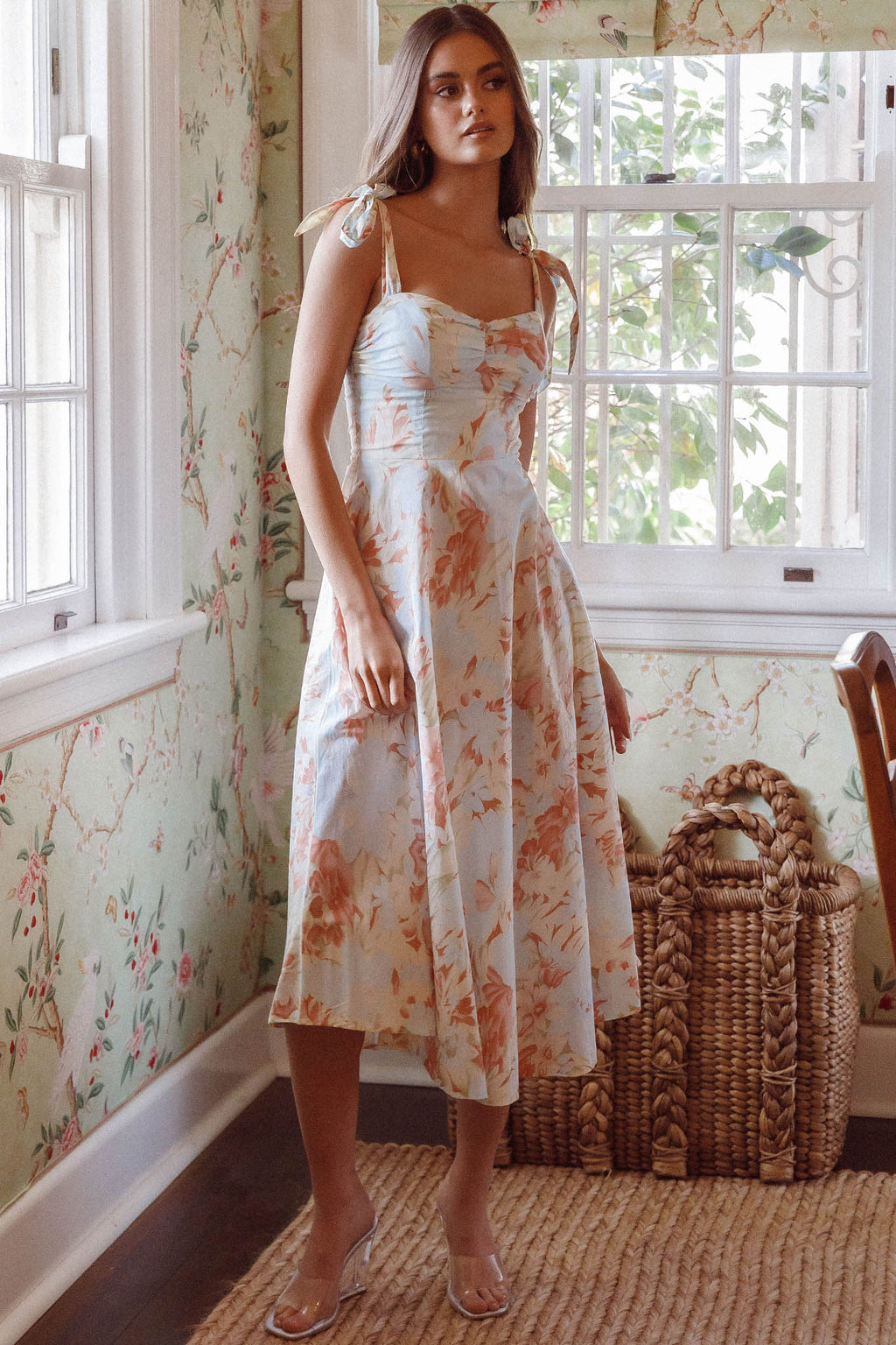 Sweet Pea Tied Shoulder Midi Dress Floral Blue by Selfie Leslie