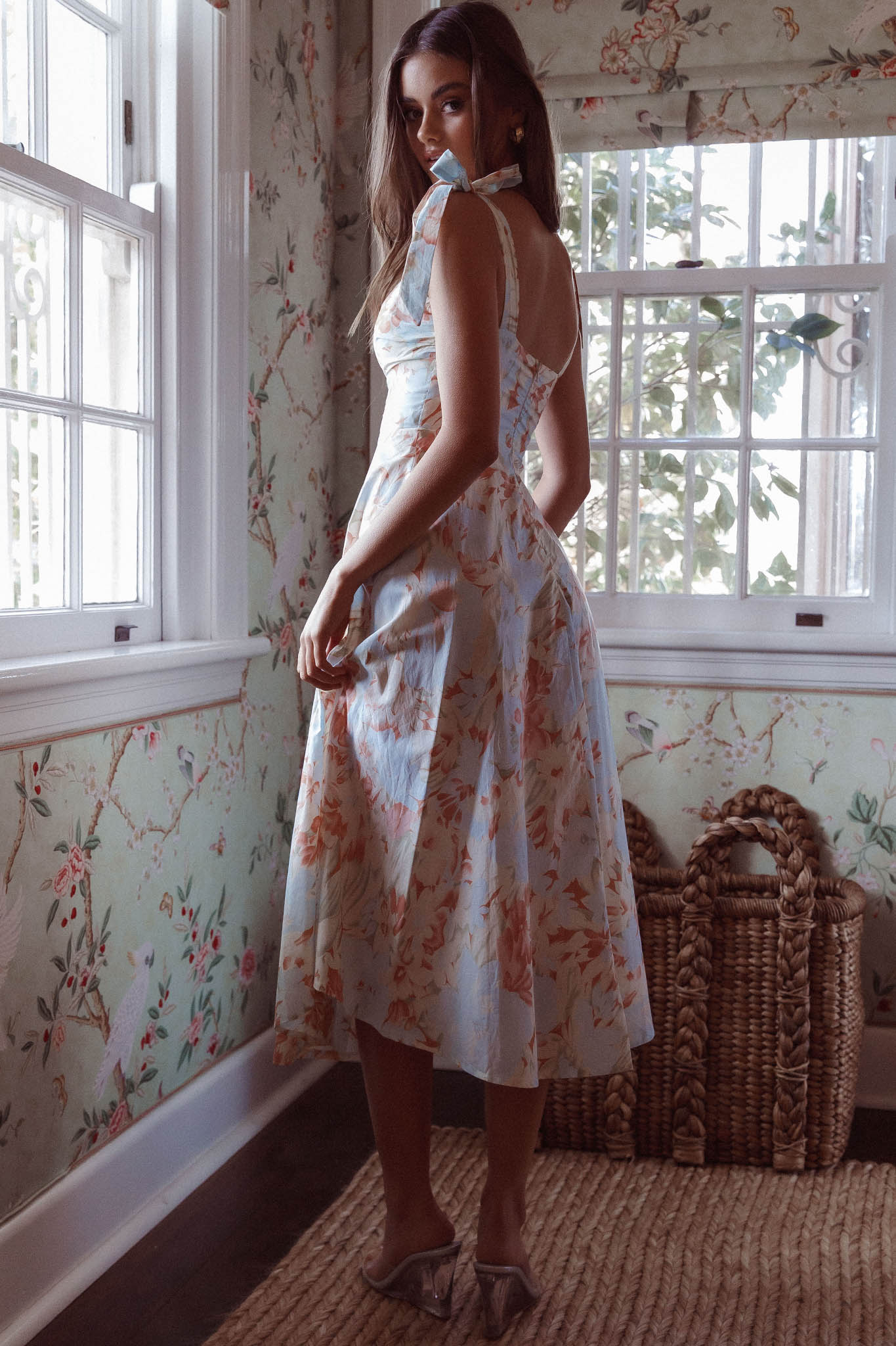 Sweet Pea Tied Shoulder Midi Dress Floral Blue by Selfie Leslie