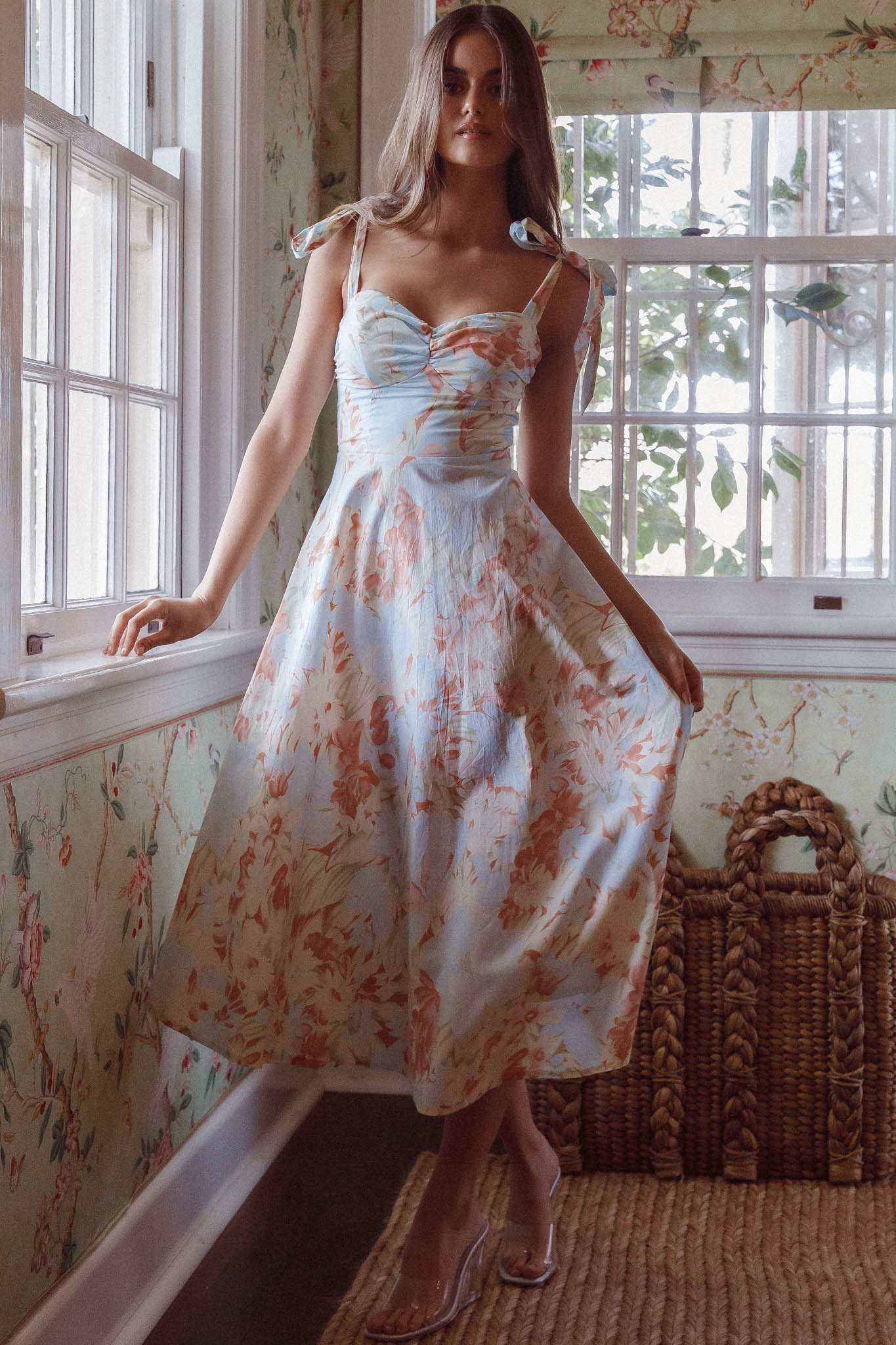 Sweet Pea Tied Shoulder Midi Dress Floral Blue by Selfie Leslie