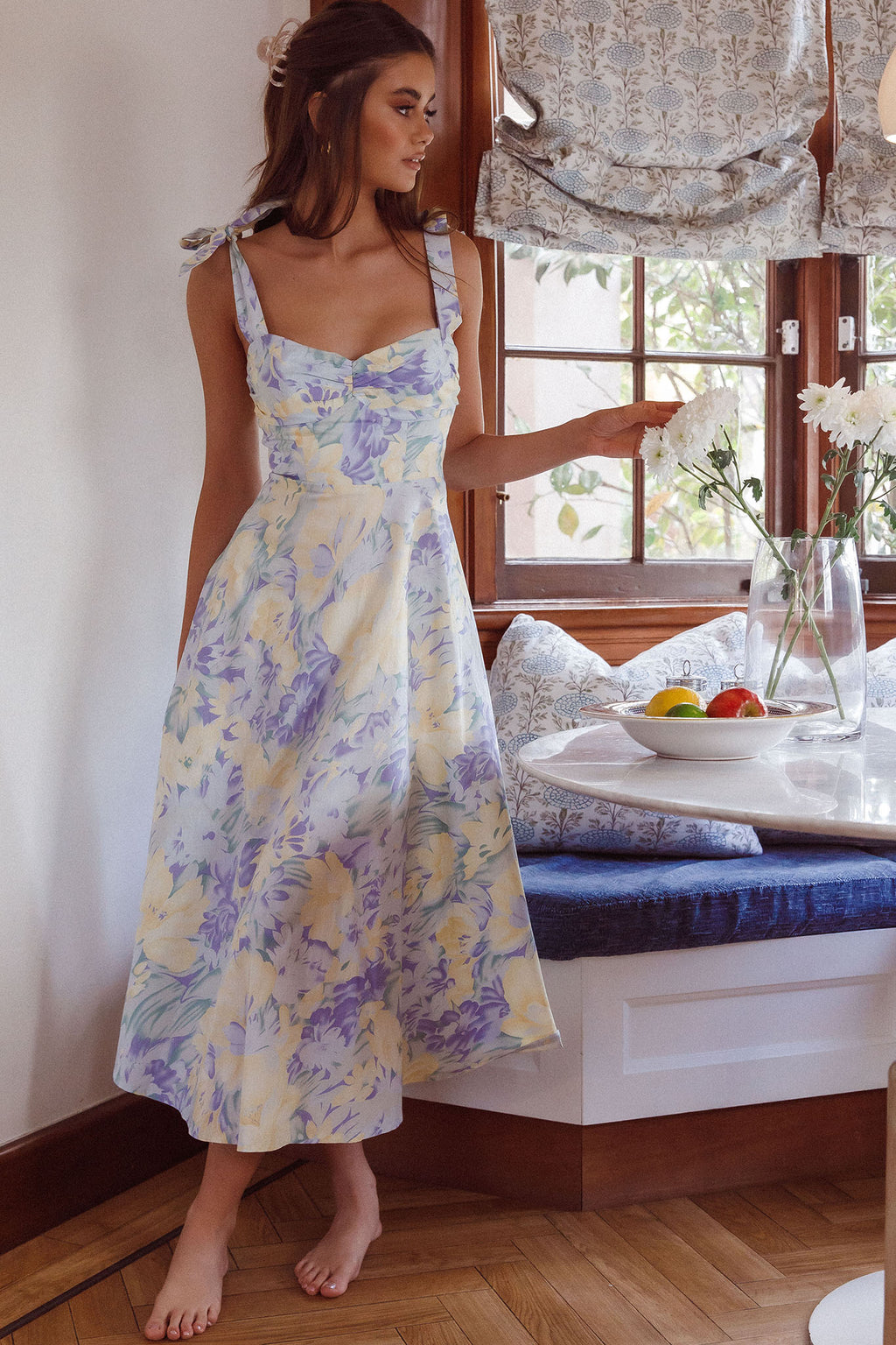 Sweet Pea Tied Shoulder Midi Dress Floral Purple by Selfie Leslie