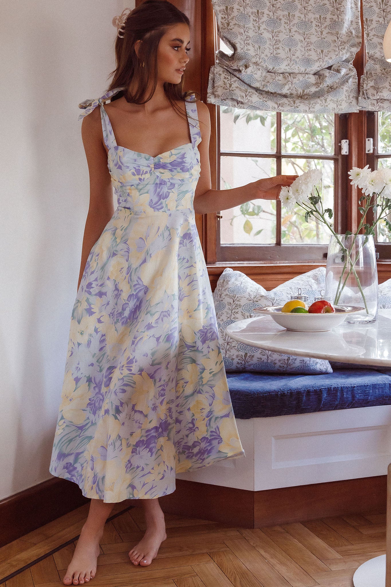 Sweet Pea Tied Shoulder Midi Dress Floral Purple by Selfie Leslie