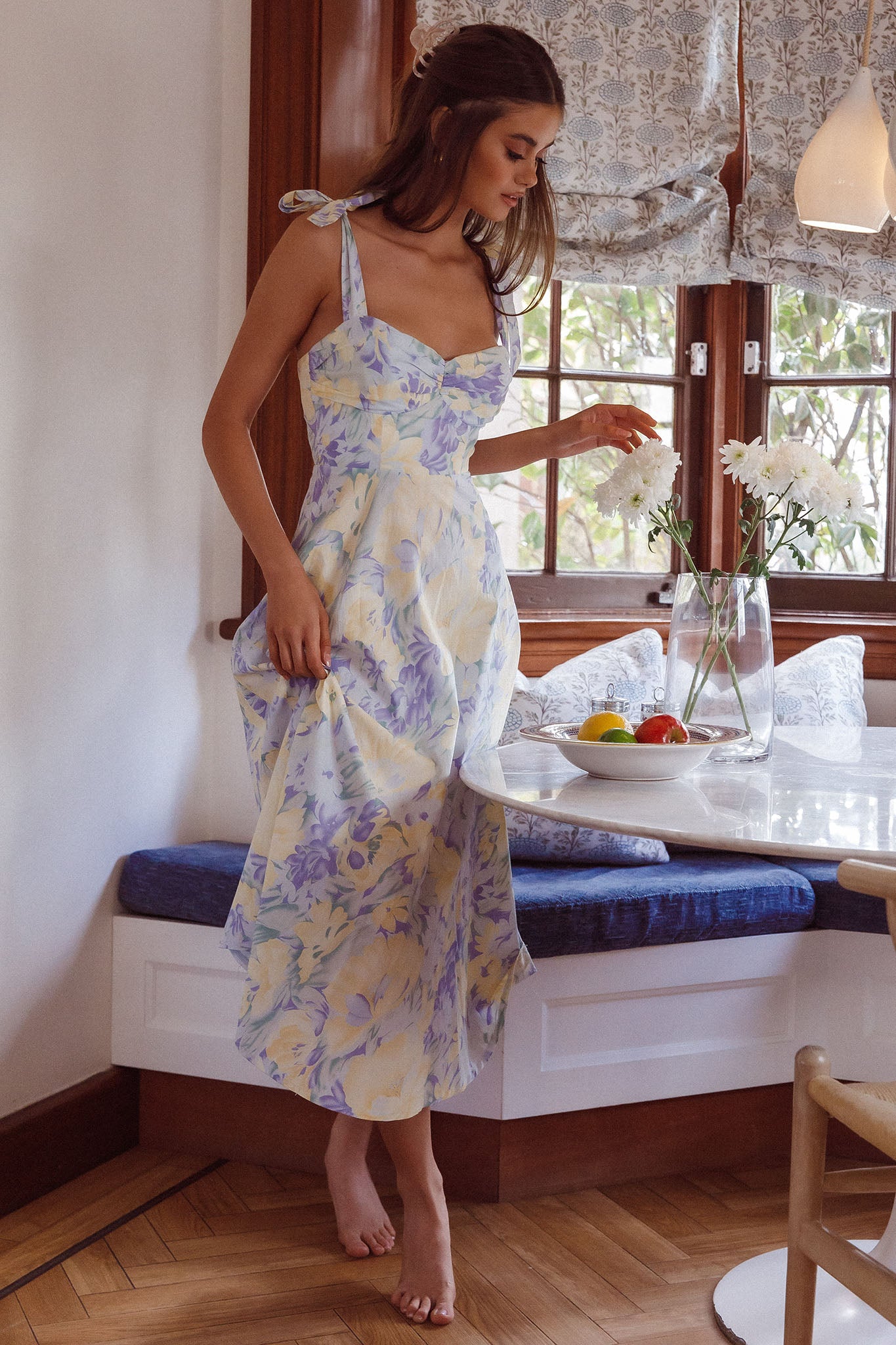 Sweet Pea Tied Shoulder Midi Dress Floral Purple by Selfie Leslie