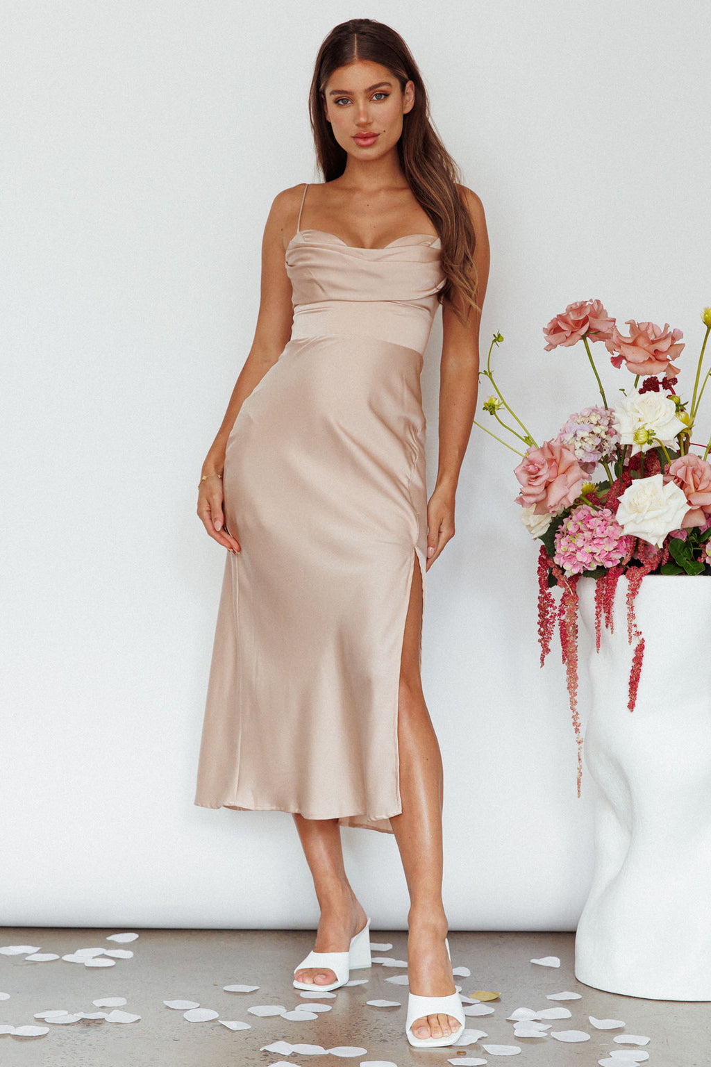 Giorgette Side Split Midi Dress Champagne by Selfie Leslie