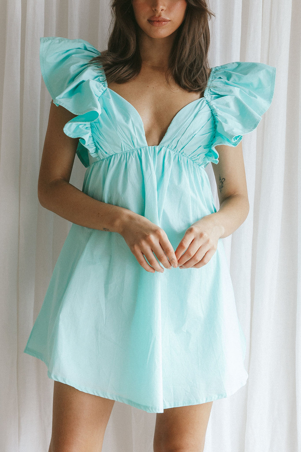 Marlina Ruffle Sleeve Babydoll Mini Dress Mint by Selfie Leslie