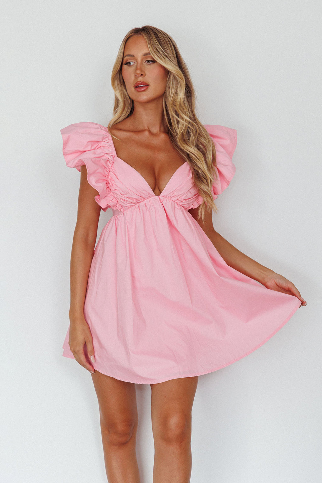 Marlina Ruffle Sleeve Babydoll Mini Dress Soft Pink by Selfie Leslie