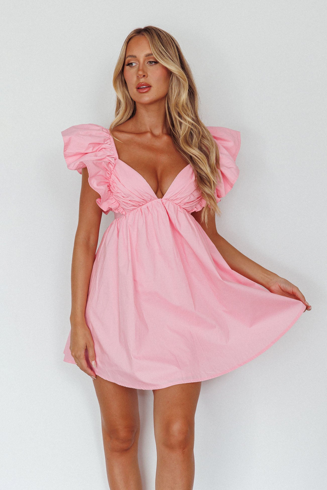 Marlina Ruffle Sleeve Babydoll Mini Dress Soft Pink by Selfie Leslie