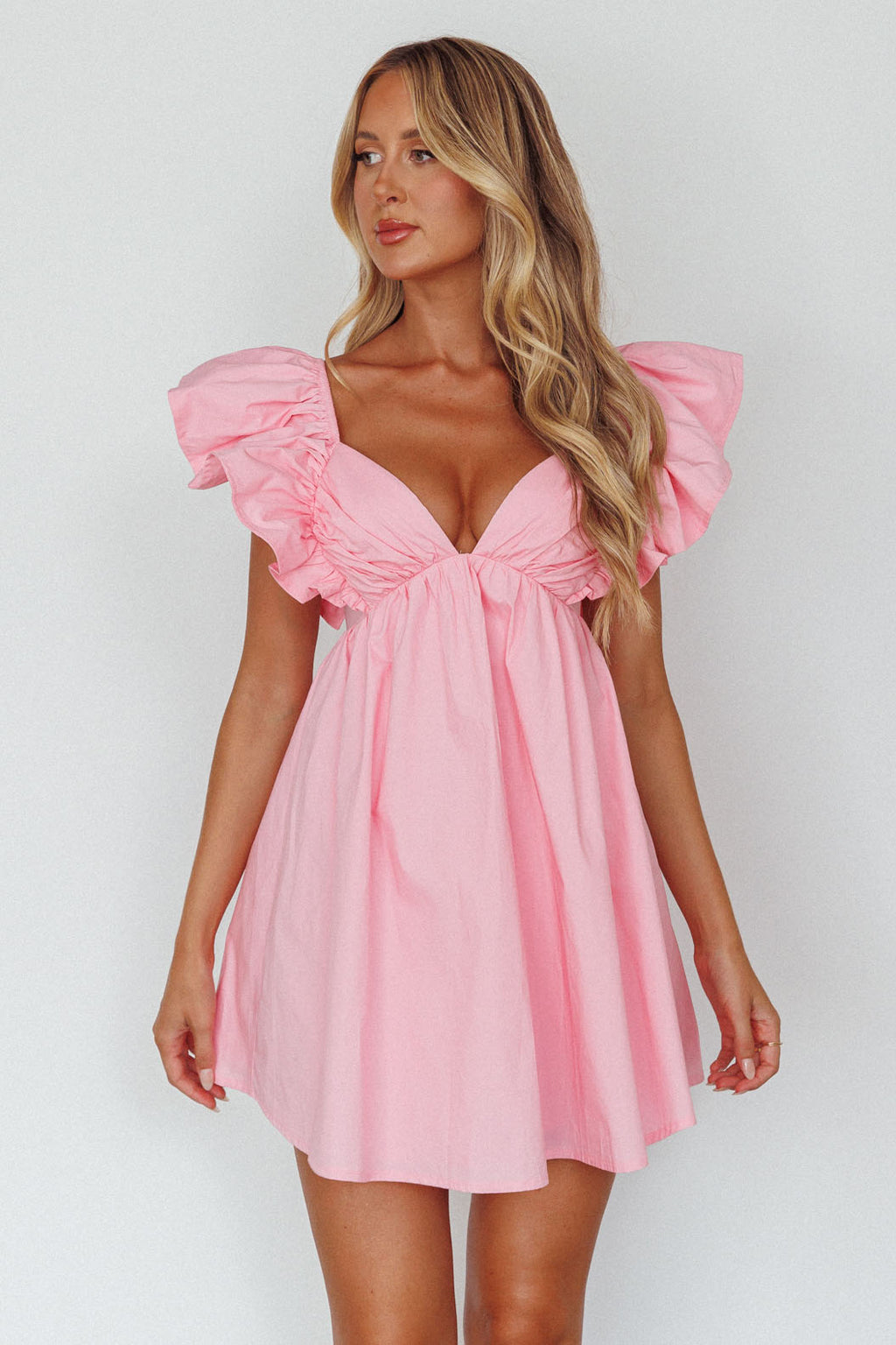 Marlina Ruffle Sleeve Babydoll Mini Dress Soft Pink by Selfie Leslie