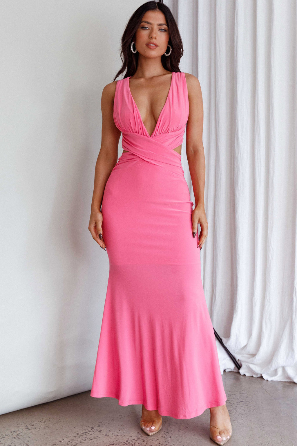 High Life Plunging Neckline Maxi Dress Hot Pink by Selfie Leslie