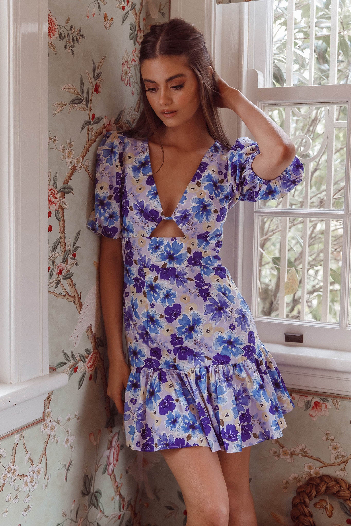 Jemilia Cut-Out Bust Flounce Mini Dress Floral Blue by Selfie Leslie