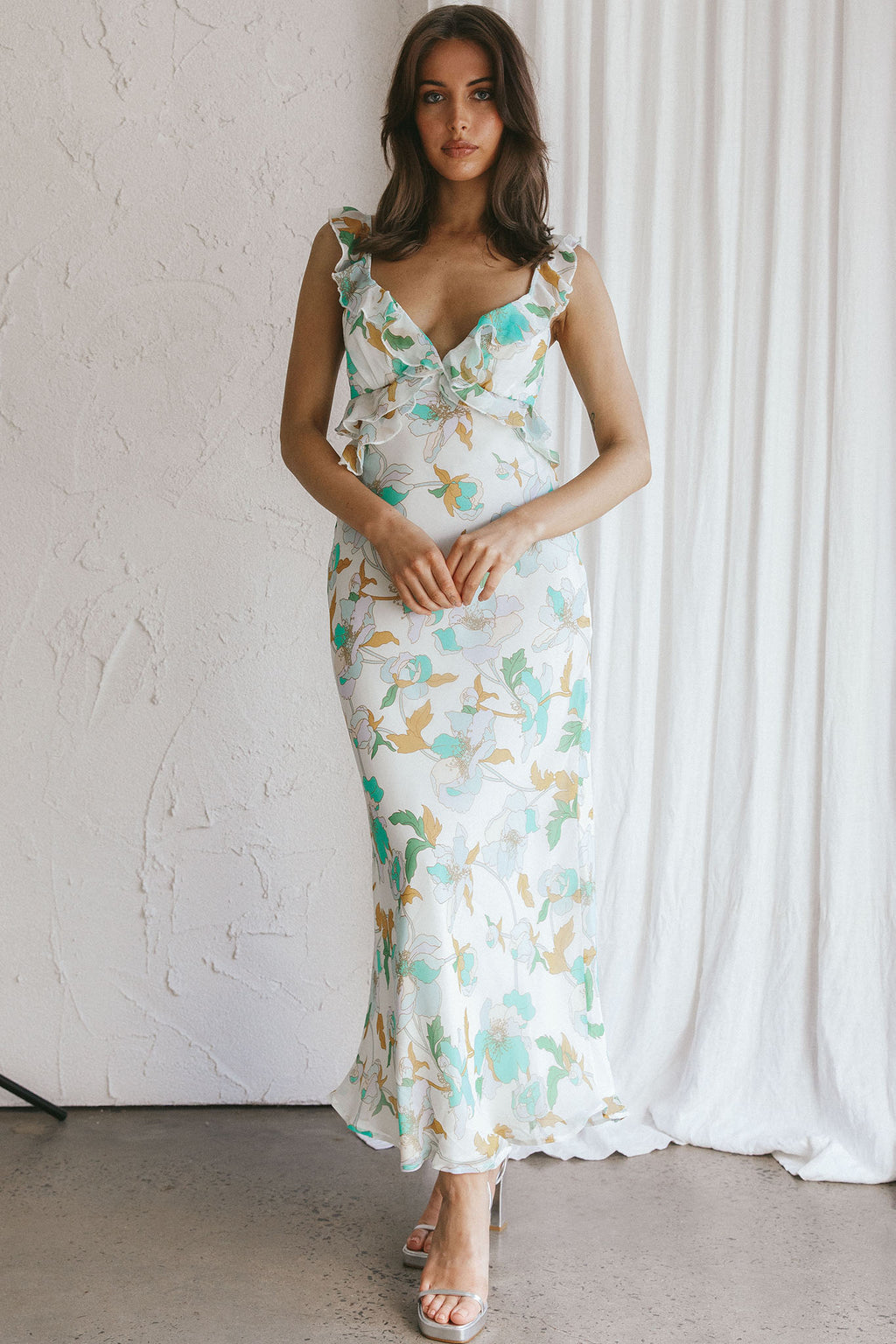 Second Chances Ruffle Trim Midi Dress Floral Mint by Selfie Leslie