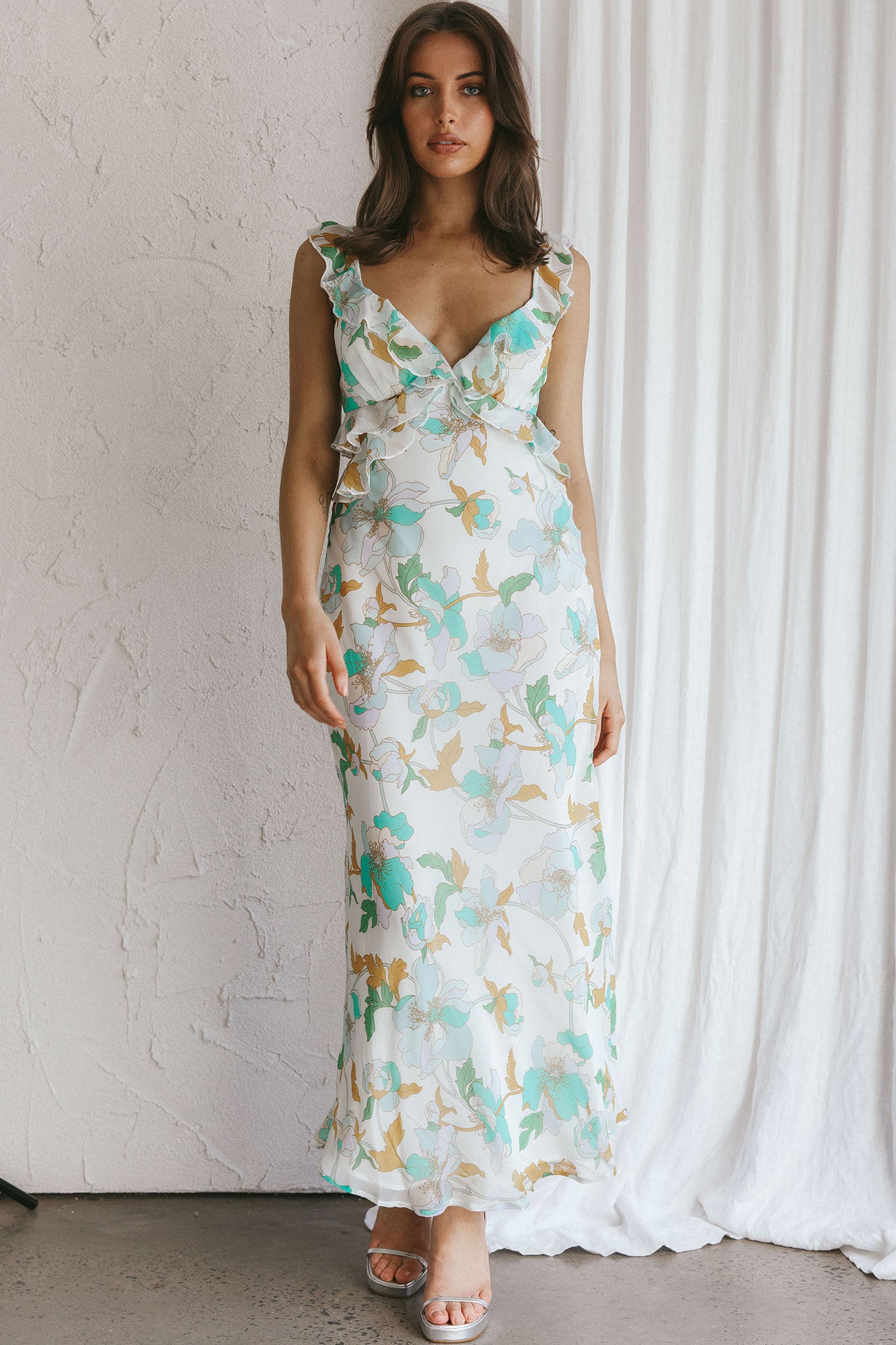 Second Chances Ruffle Trim Midi Dress Floral Mint by Selfie Leslie