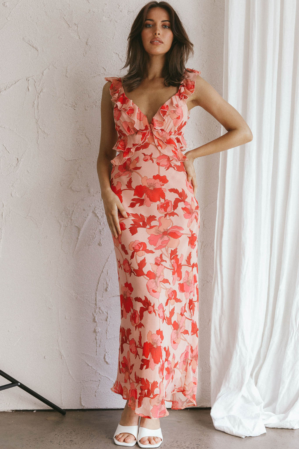 Second Chances Ruffle Trim Midi Dress Floral Pink by Selfie Leslie