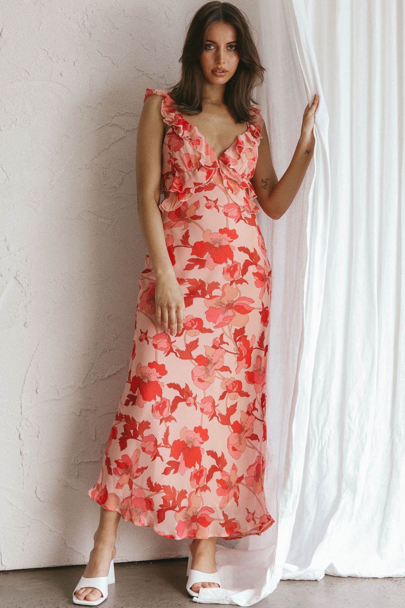 Second Chances Ruffle Trim Midi Dress Floral Pink by Selfie Leslie