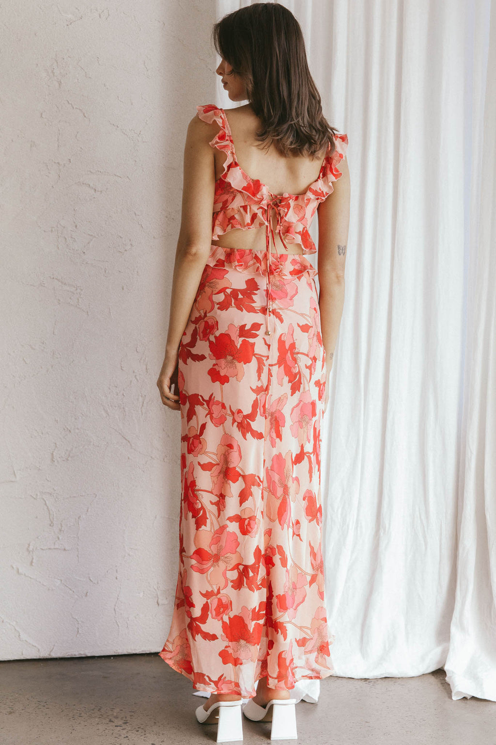 Second Chances Ruffle Trim Midi Dress Floral Pink by Selfie Leslie