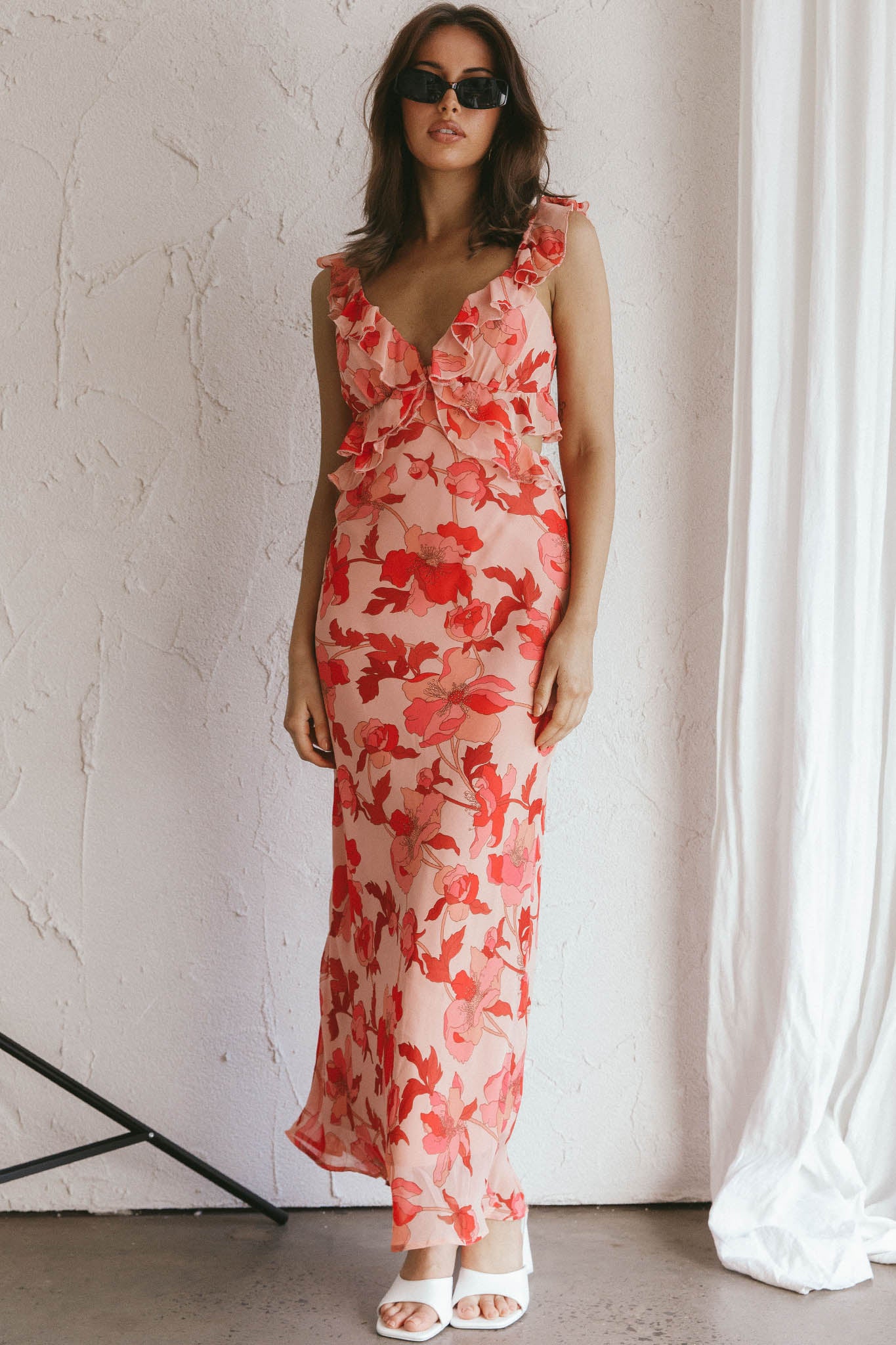 Second Chances Ruffle Trim Midi Dress Floral Pink by Selfie Leslie