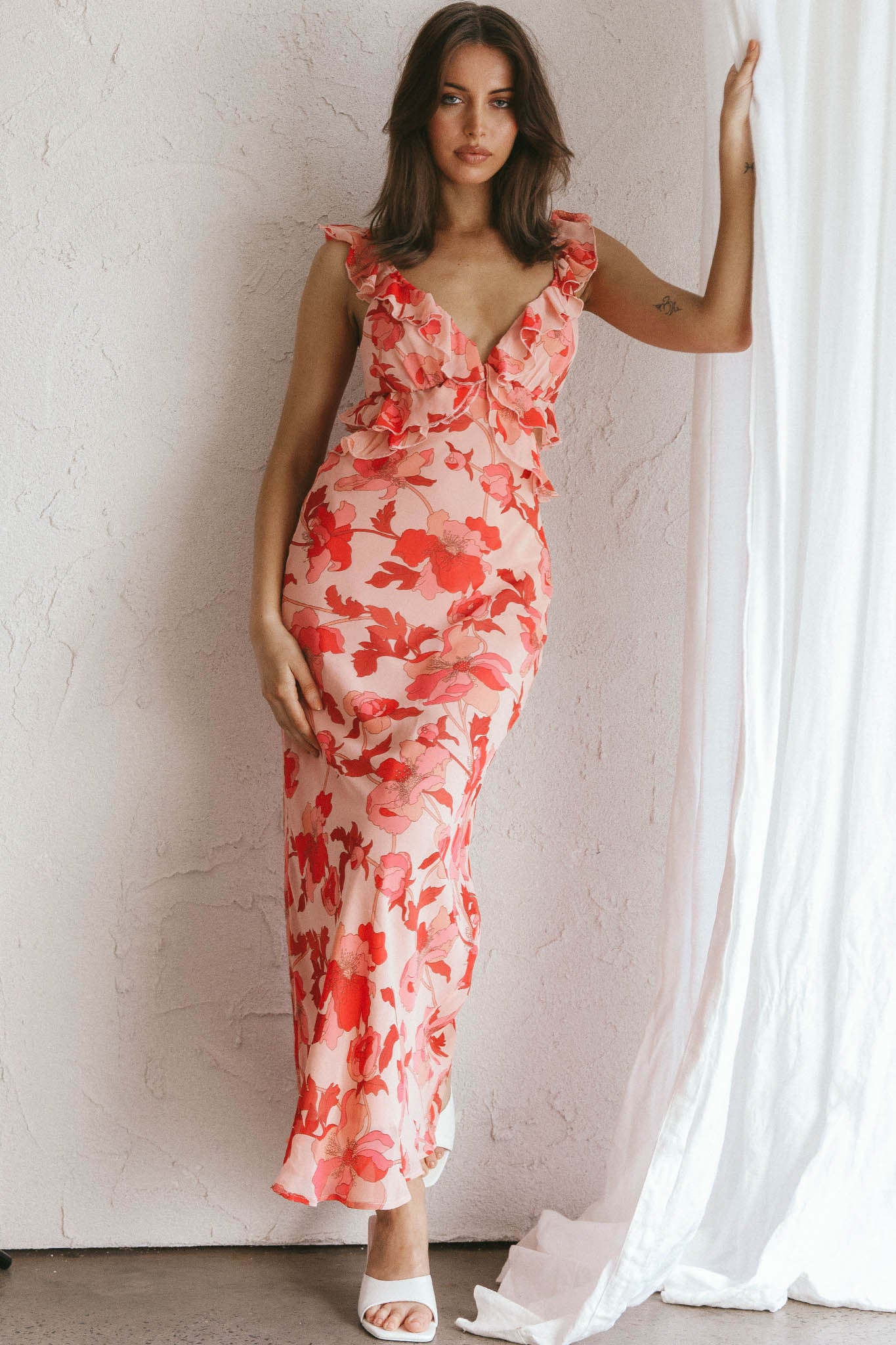 Second Chances Ruffle Trim Midi Dress Floral Pink by Selfie Leslie